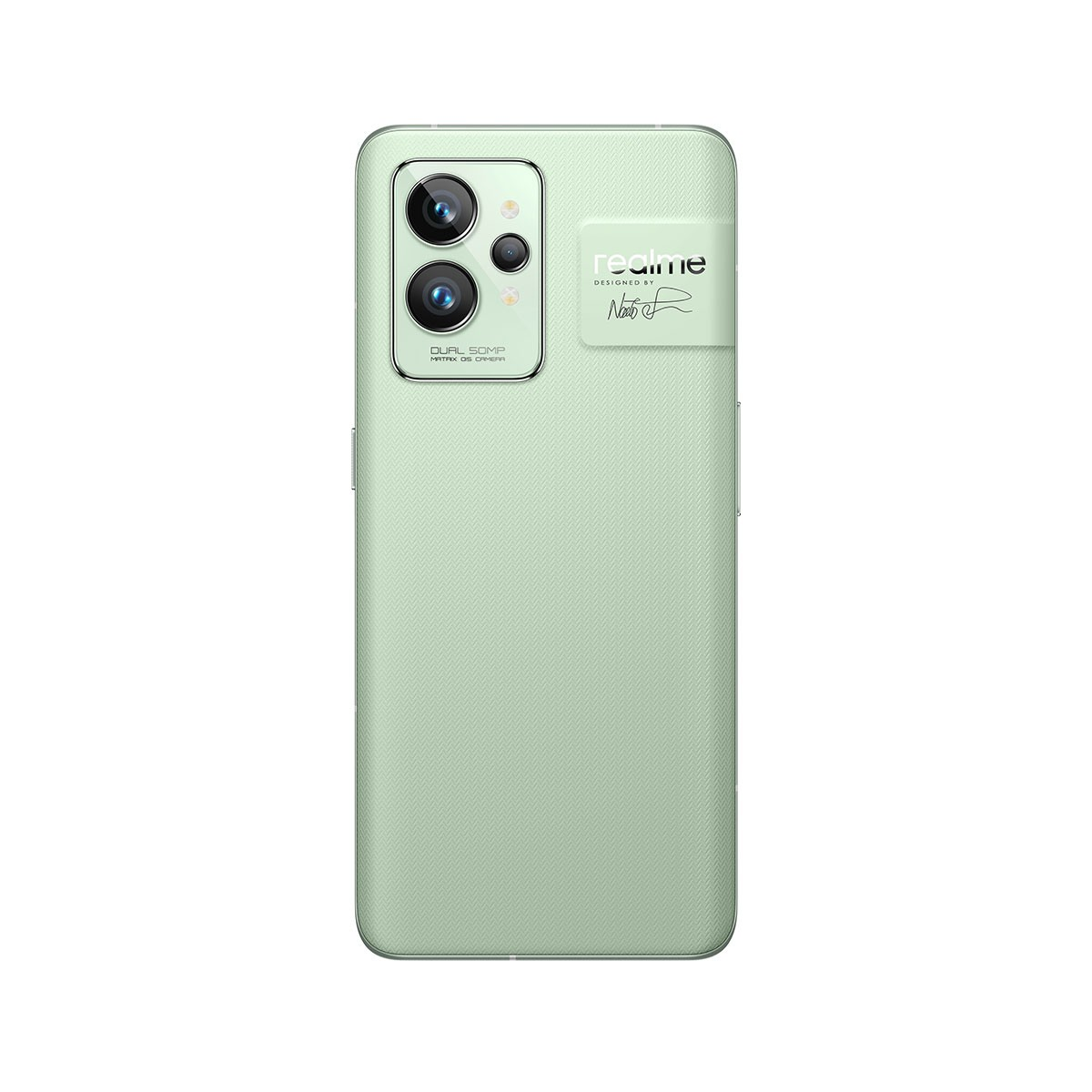 Rückseite eines grünen Smartphones. Dreifach-Kamera, Dual-Tone-Blitz und Realme-Logo.