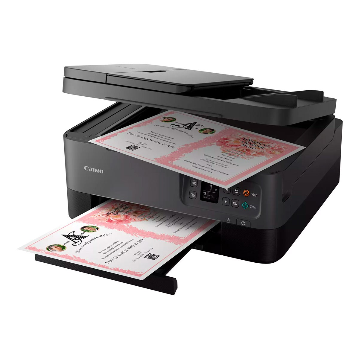 Stampante Canon che stampa due fogli d'invito rosa. La stampante è nera.