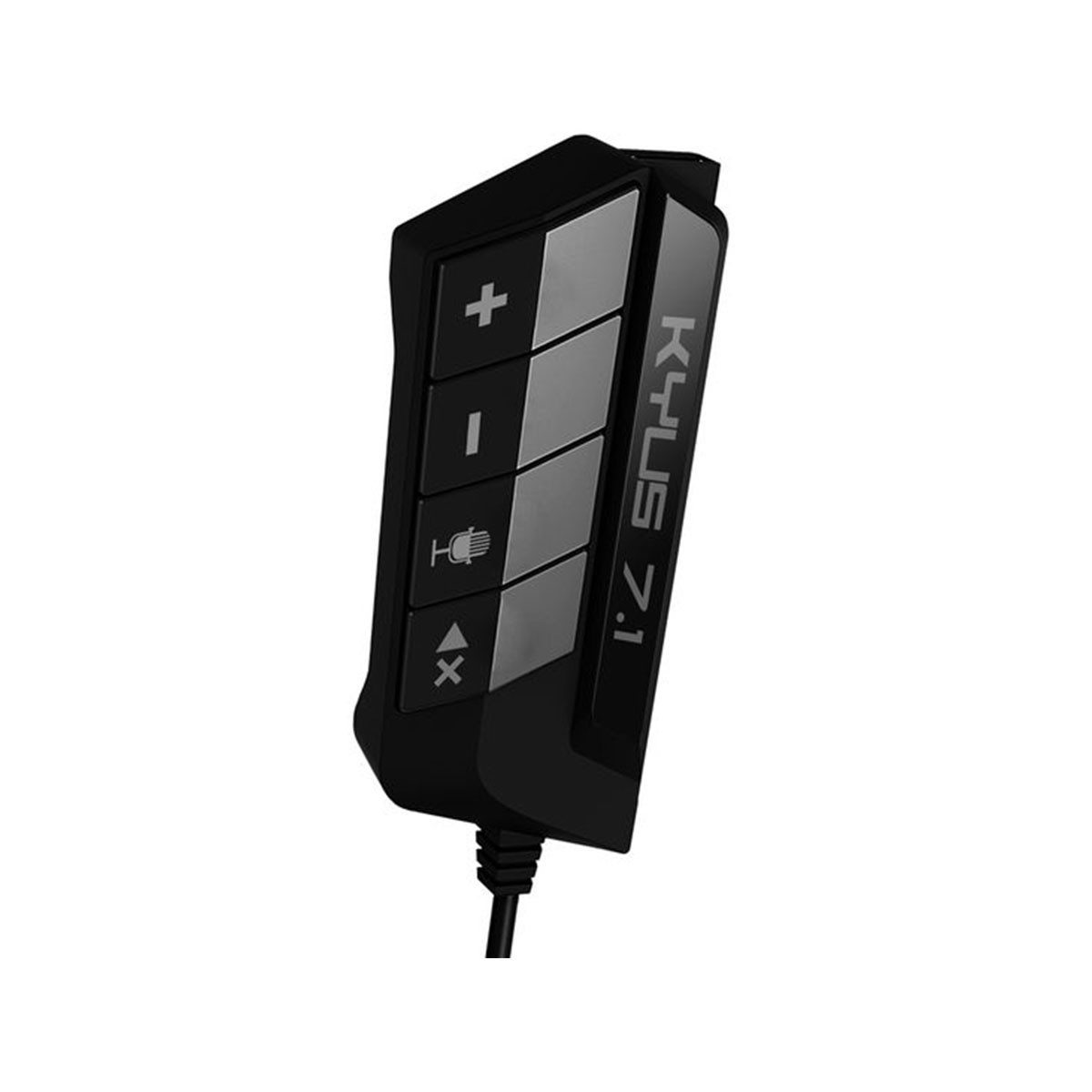 Un panel de control negro de un auricular, con varios botones.