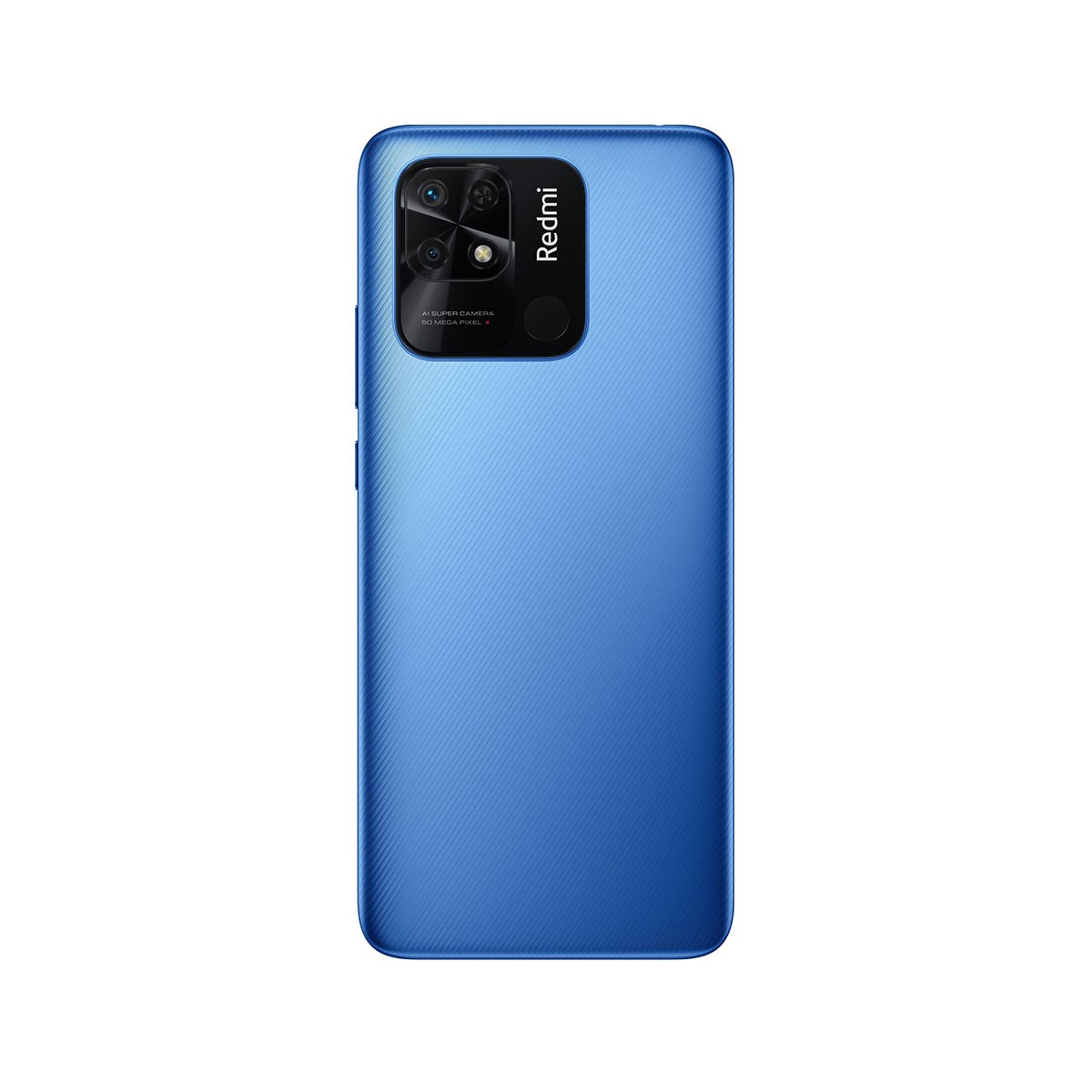 Ein blaues Redmi-Telefon, Rückansicht, mit Kameramodul und dem Redmi-Logo.