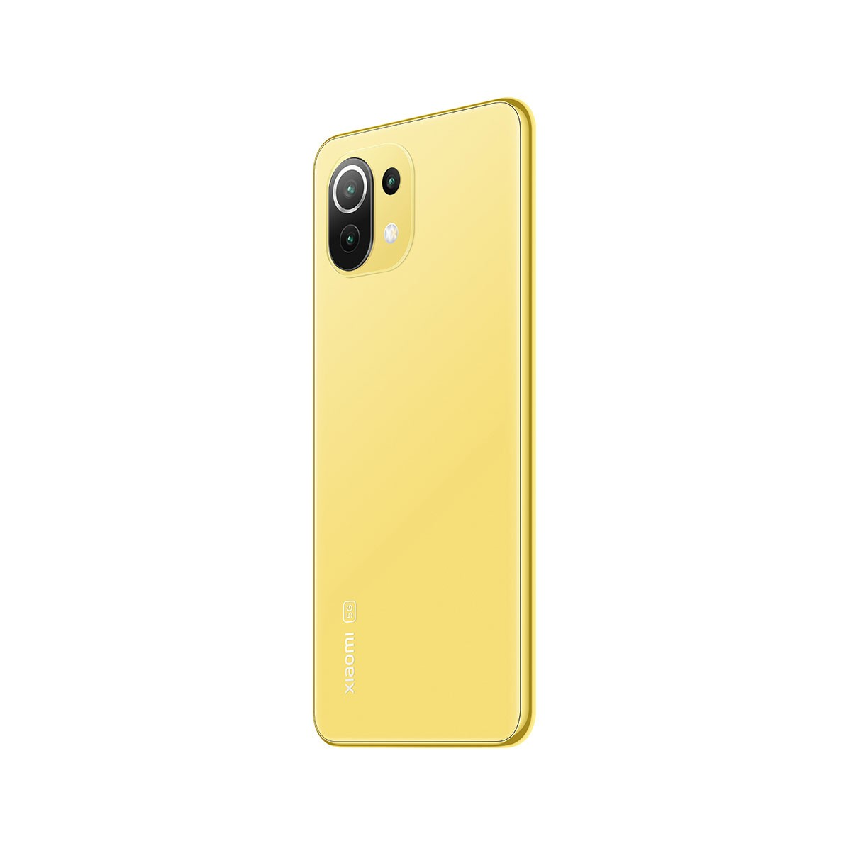 Parte trasera de un smartphone amarillo, con cámara dual, logo Xiaomi 5G.