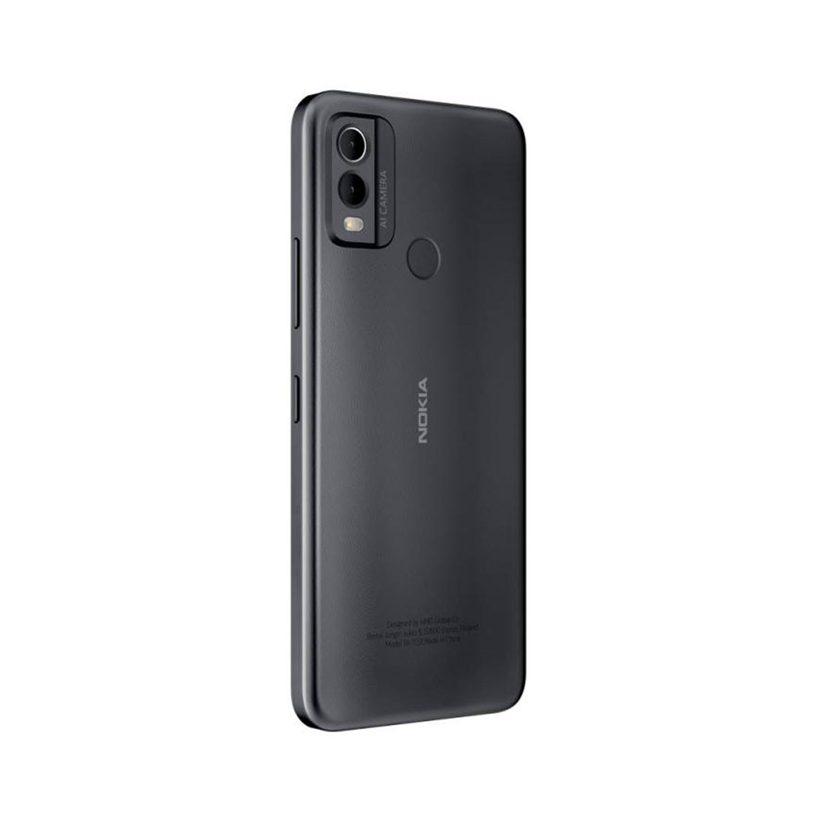 Schwarzes Nokia-Telefon, Kamera, Nokia-Logo auf der Rückseite, in der Hand, heller Hintergrund.