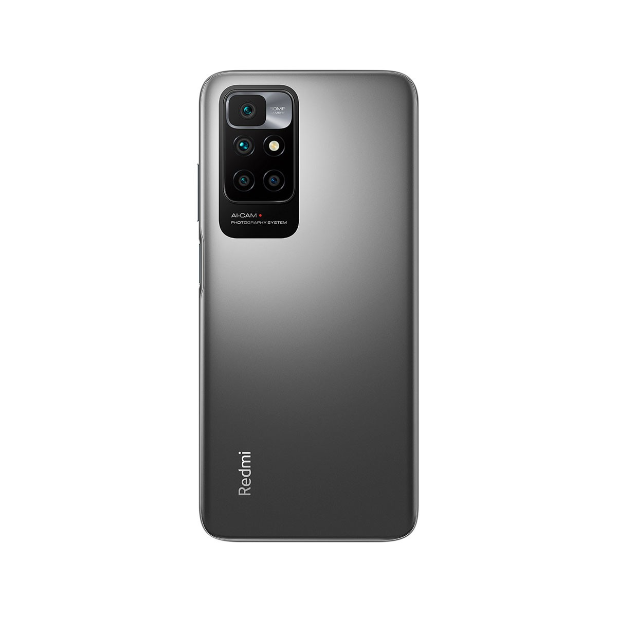Rückseite eines dunkelgrauen Telefons mit mehreren Kameras oben links. Das Redmi-Logo befindet sich unten.