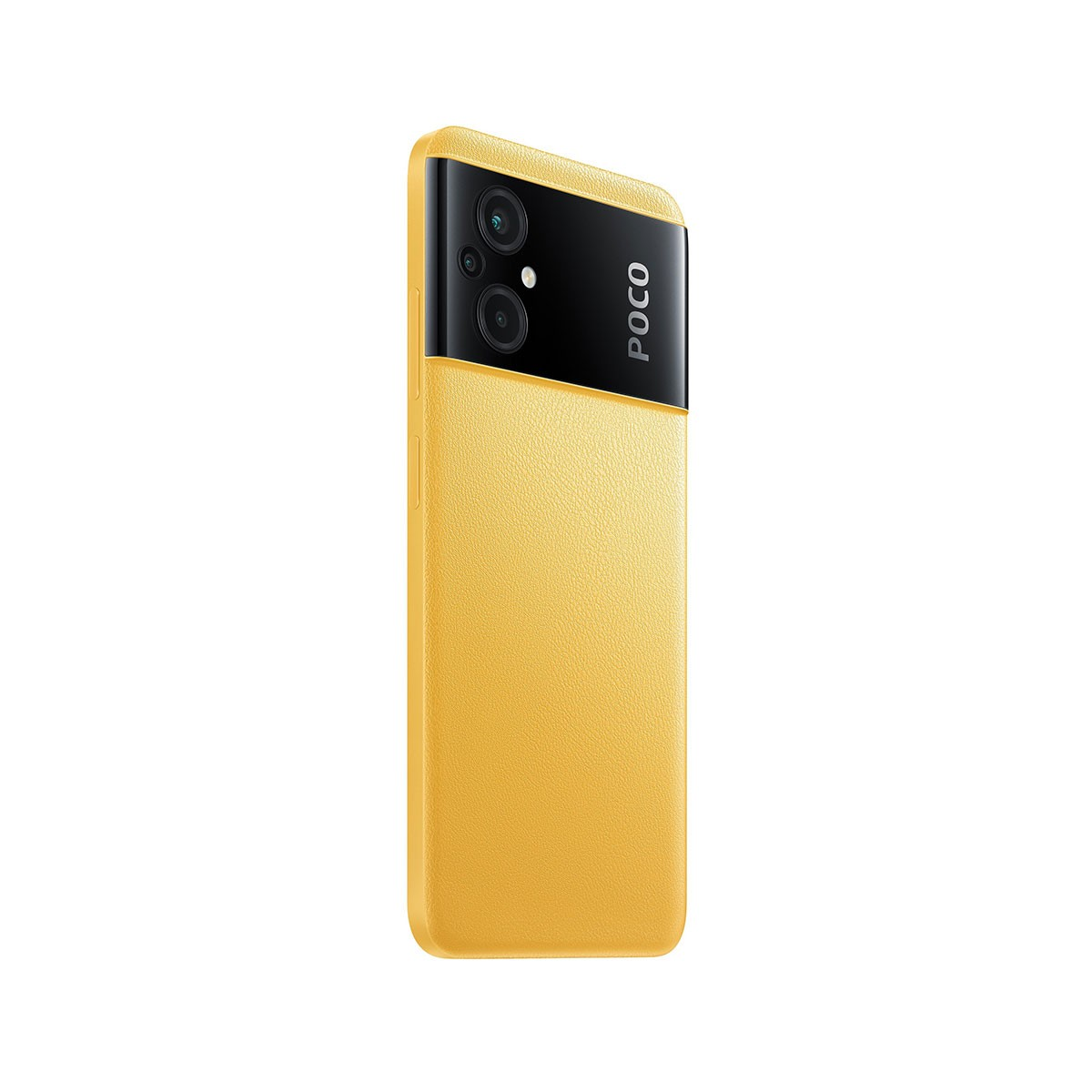Ein gelbes und schwarzes POCO Smartphone, Rückansicht, Kameras zeigend. Das Telefon ist abgewinkelt.