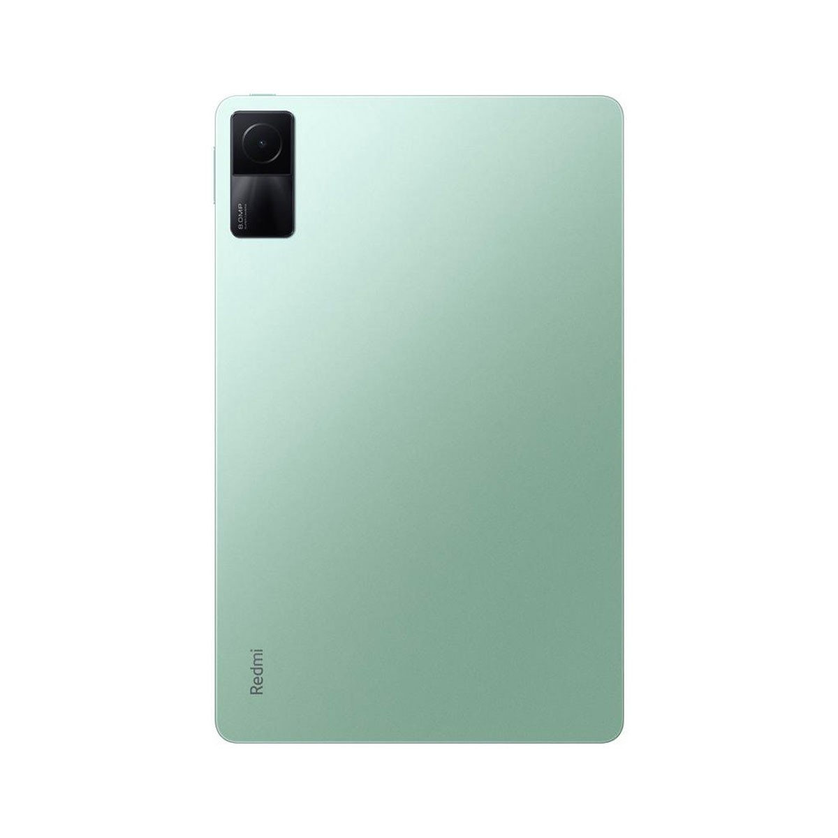 Miętowy tył tabletu Redmi z aparatem i logo Redmi na białym tle.