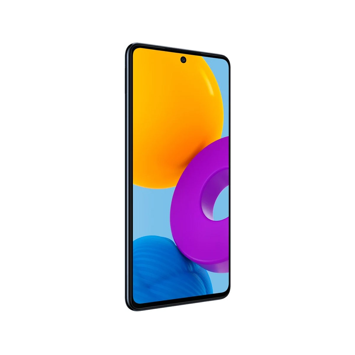 Un telefono Samsung con un display colorato. Lo schermo mostra un design astratto blu, giallo e viola.