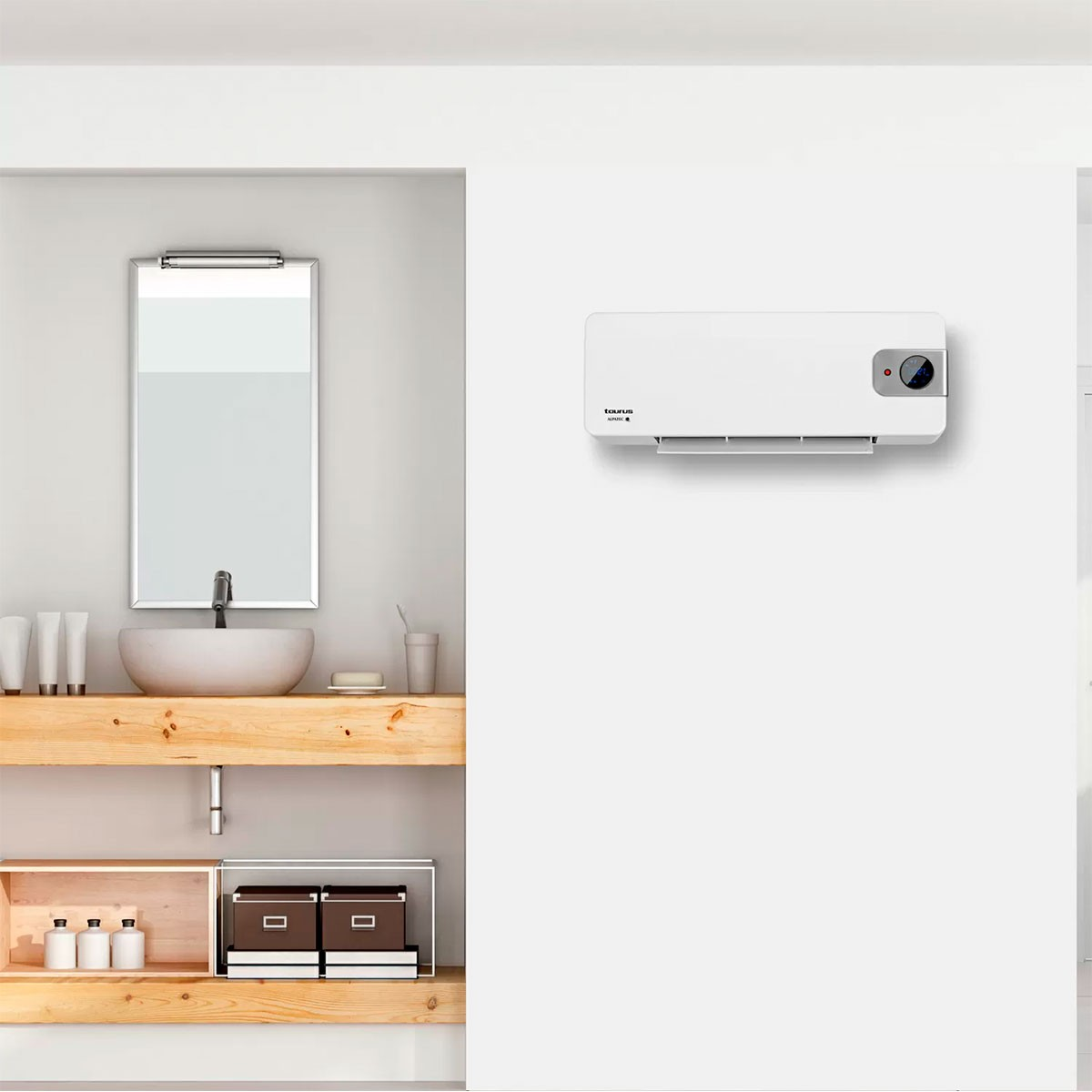 Biały grzejnik łazienkowy zamontowany na białej ścianie, z lustrem i umywalką w tle.