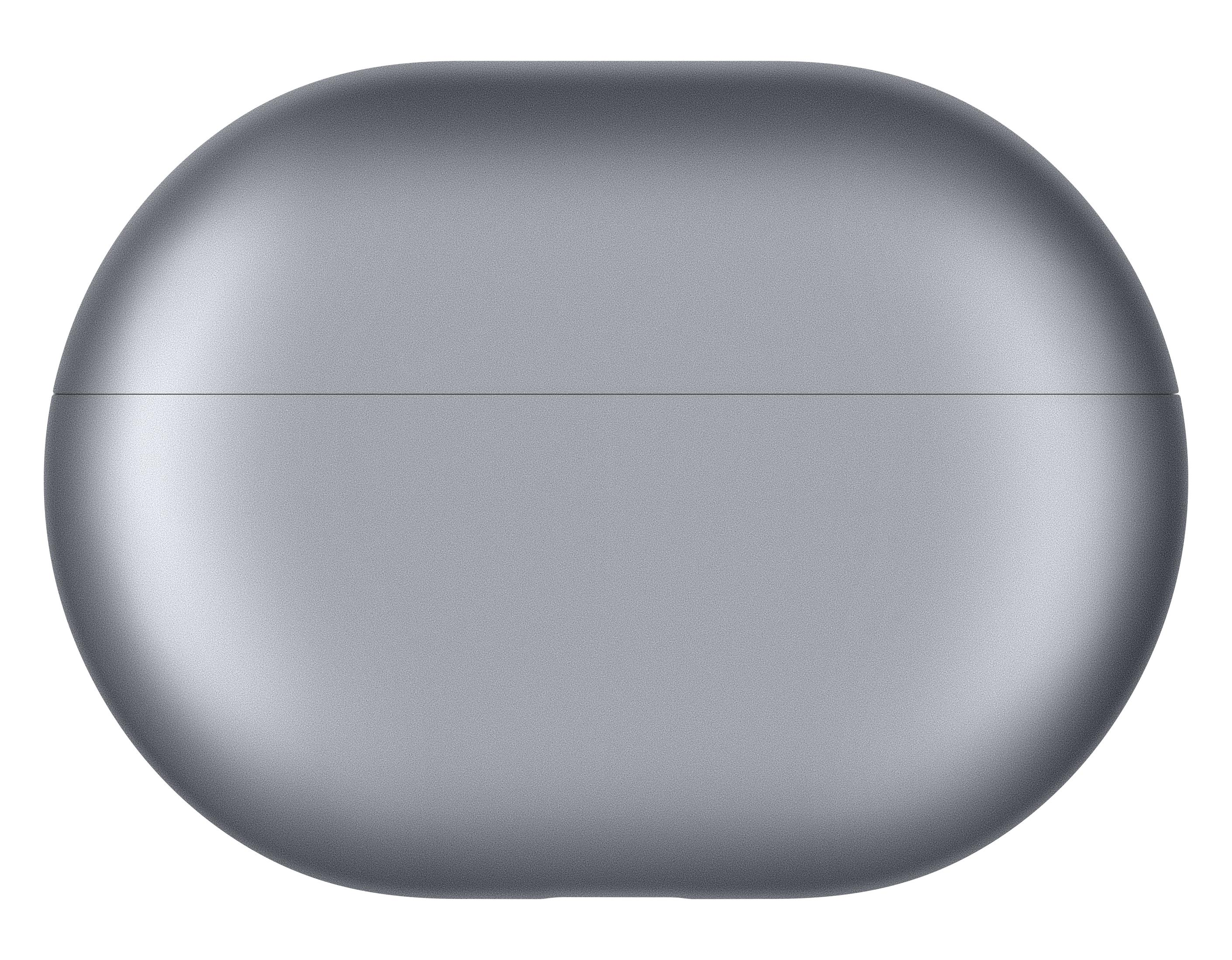 Ein graues, oval geformtes Ladecase für Ohrhörer. Das Case hat ein glattes, minimalistisches Design.