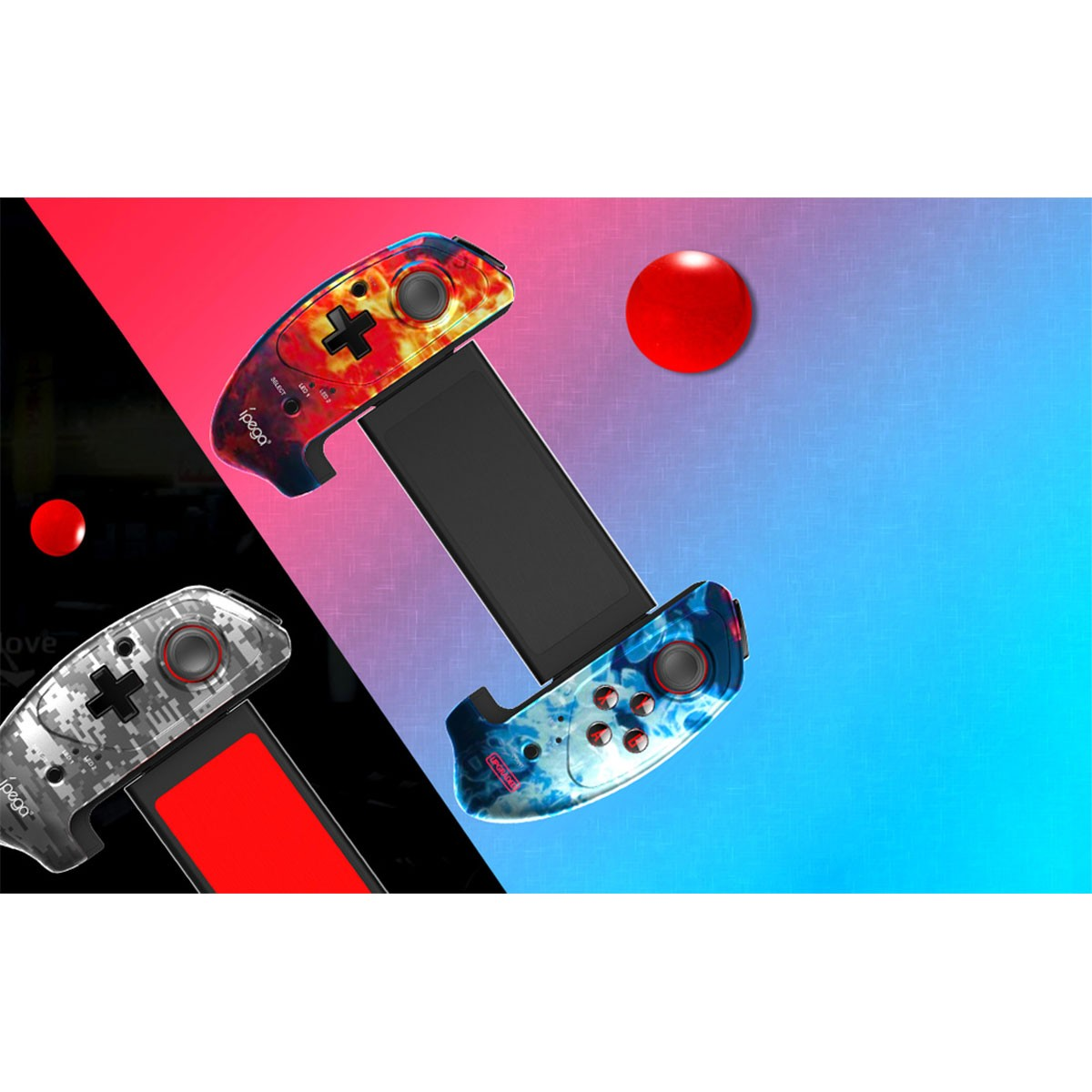 Gaming-Controller mit einem Telefon auf einem leuchtenden rot-blauen Hintergrund.