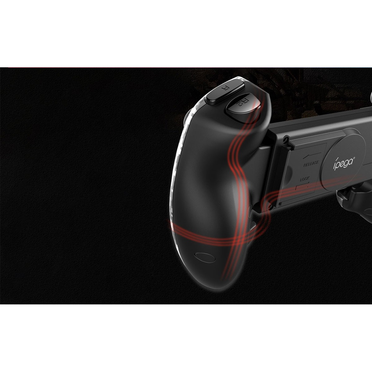 Schwarzer Gamepad-Controller mit roten Lichtern. Der Controller zeigt nach links. Schwarzer Hintergrund.