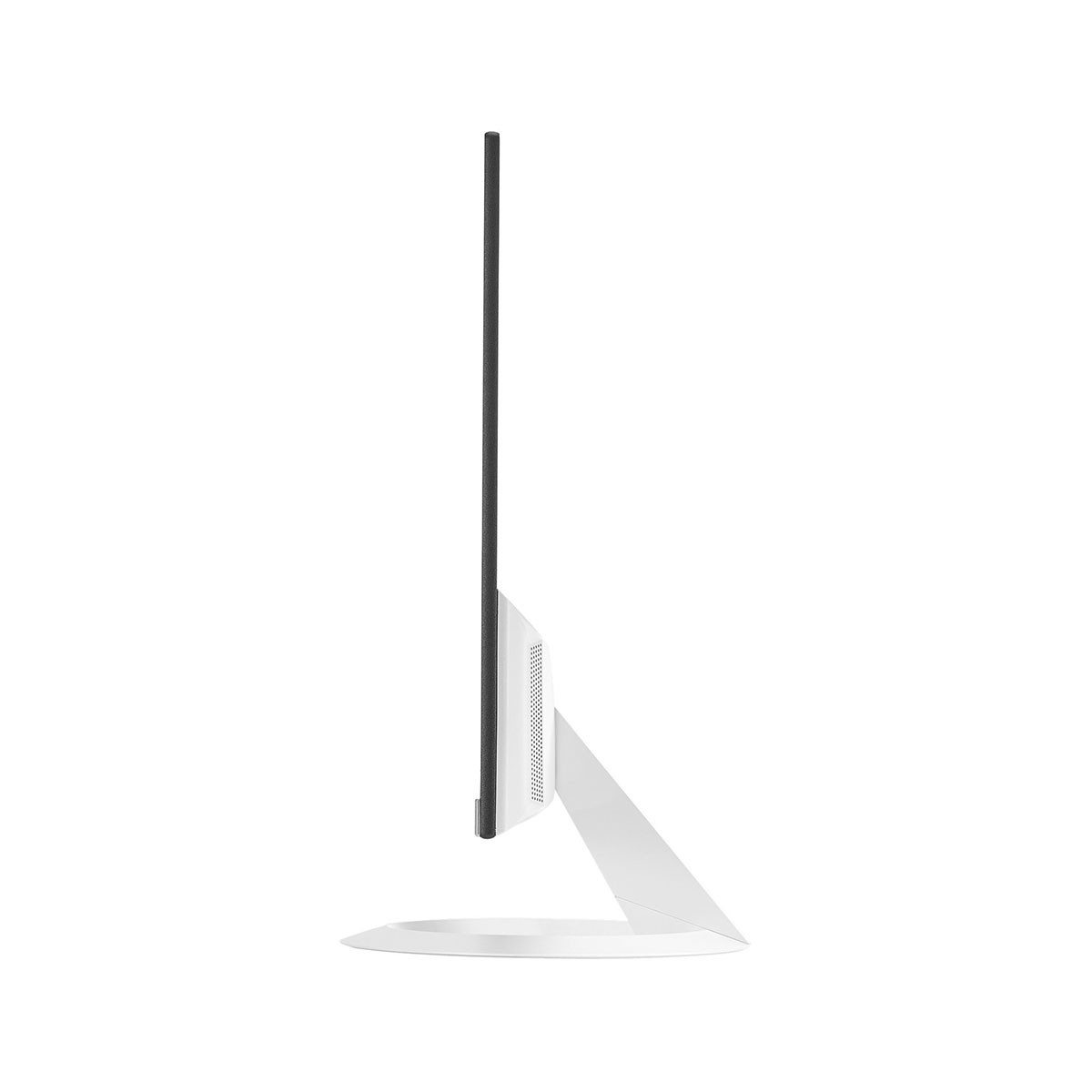 Una vista laterale di un monitor per computer bianco. Ha una cornice nera e un supporto bianco.