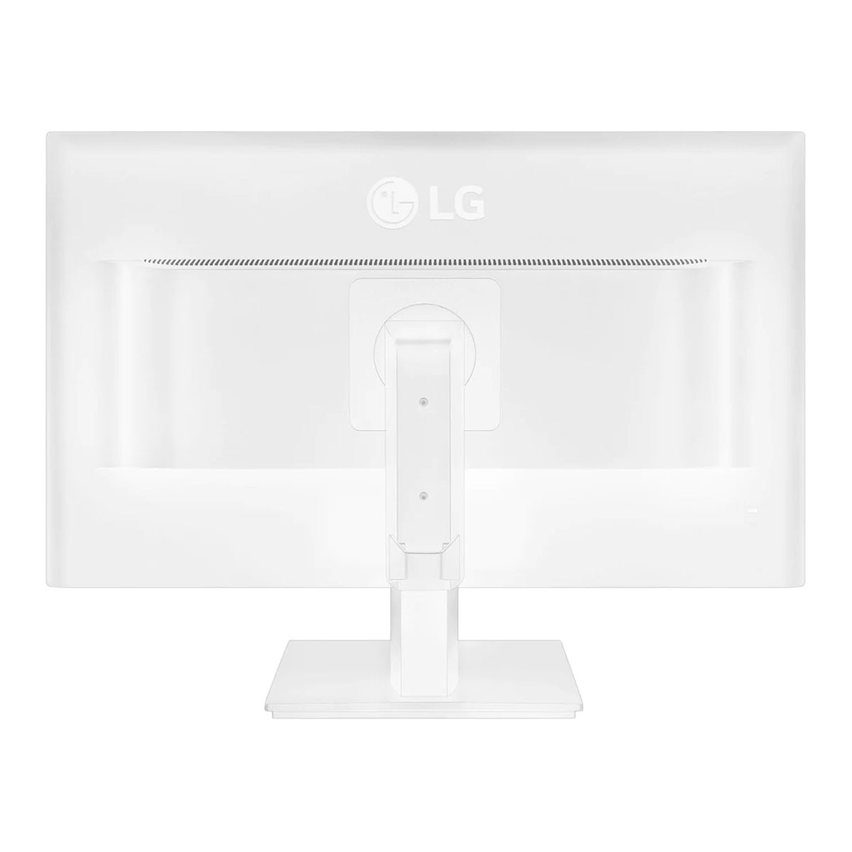 Vista trasera de un monitor de computadora blanco con soporte. Tiene el logotipo de LG y orificios de ventilación.