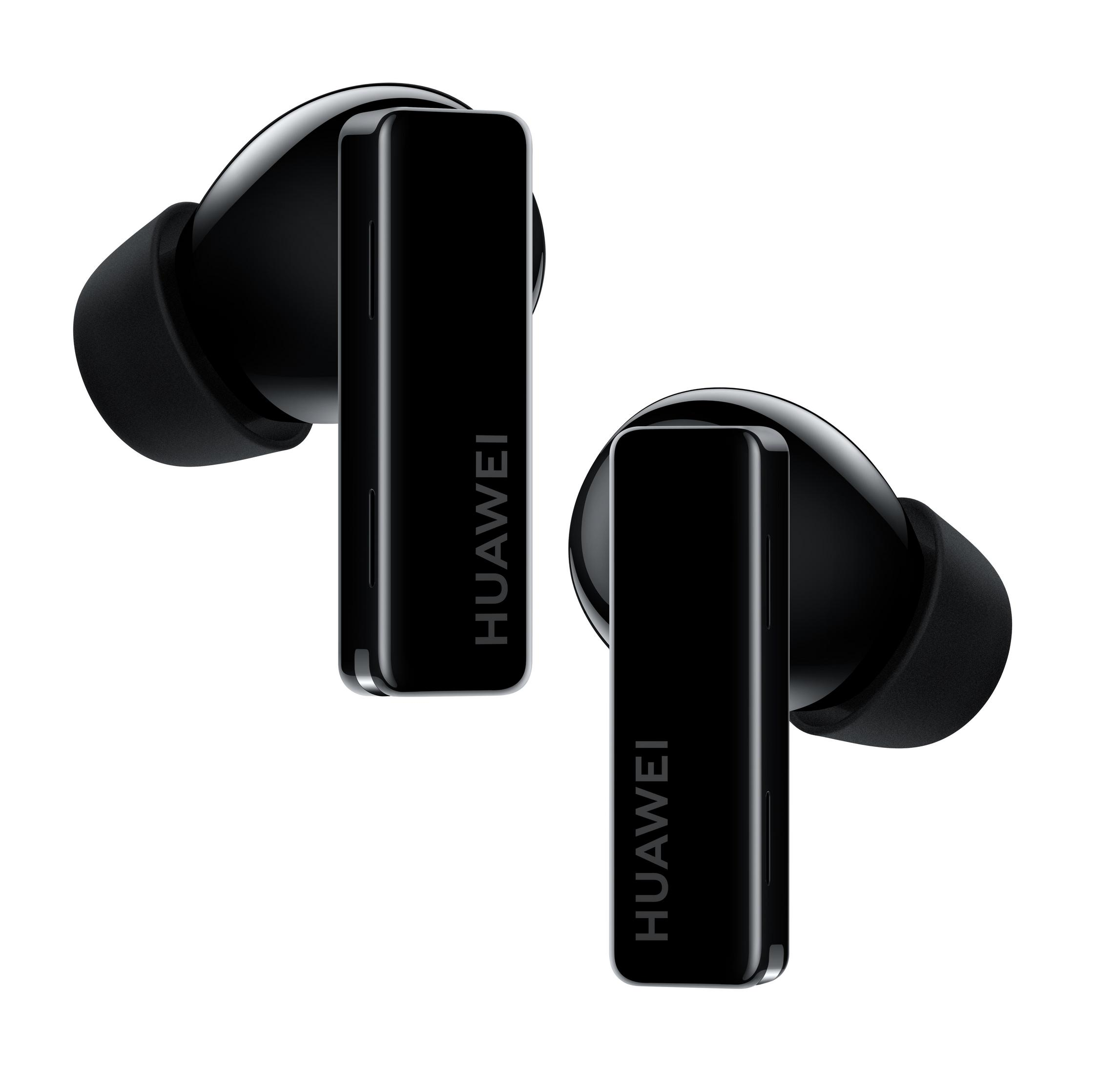 Auriculares inalámbricos negros. Los auriculares tienen el logotipo de Huawei.