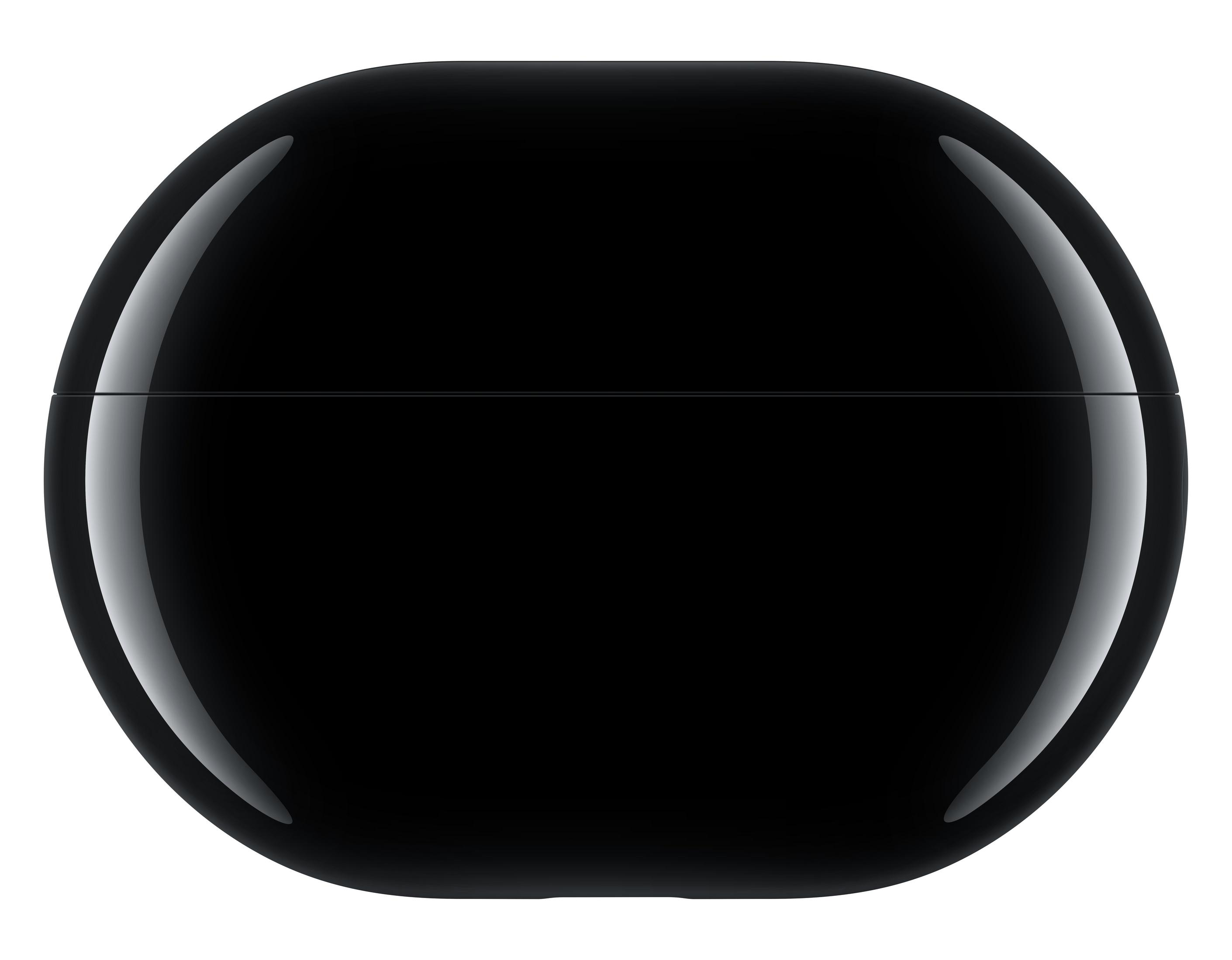 Un estuche negro, brillante y ovalado para auriculares. La superficie es lisa y reflectante.