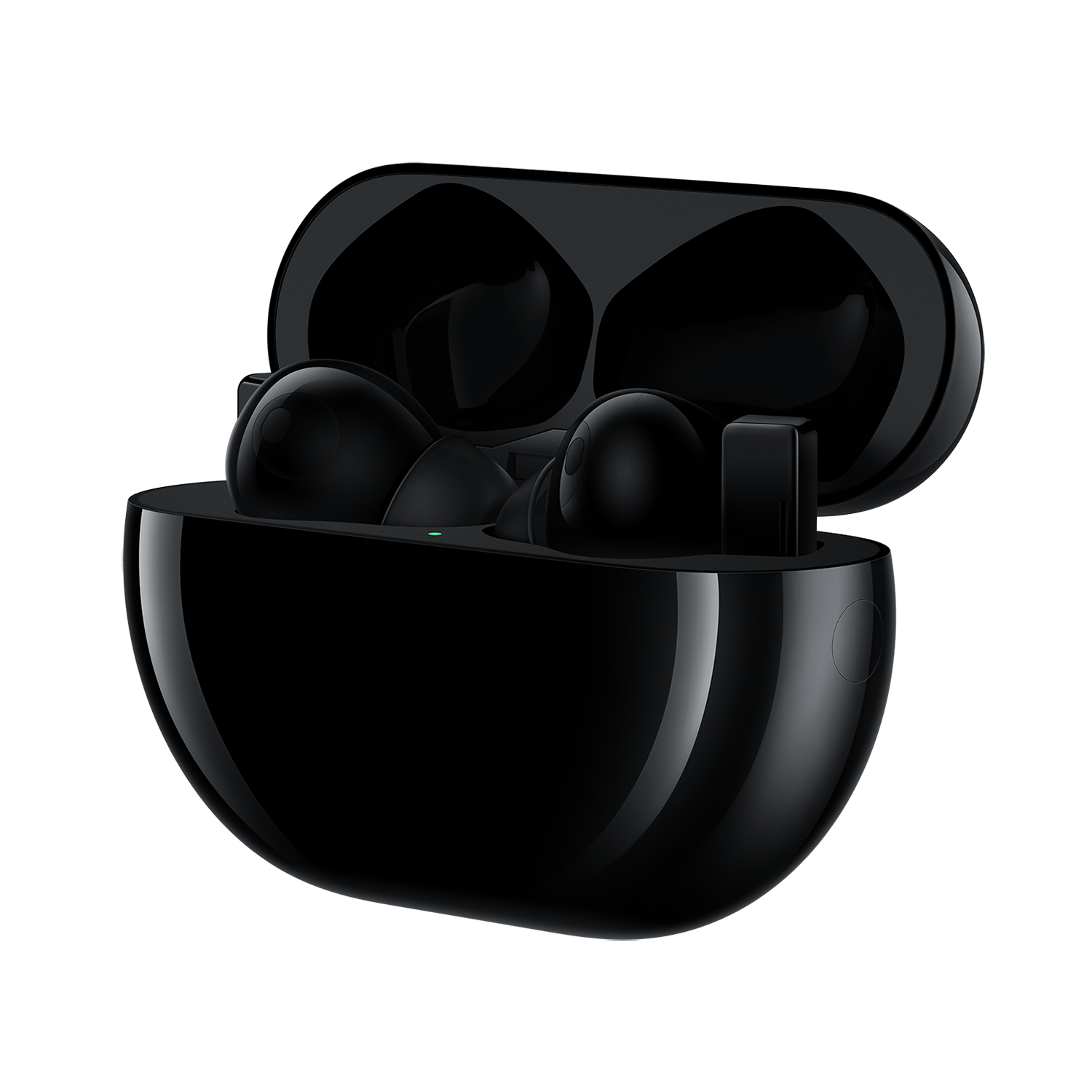Auriculares inalámbricos negros en estuche de carga negro, sobre fondo negro.
