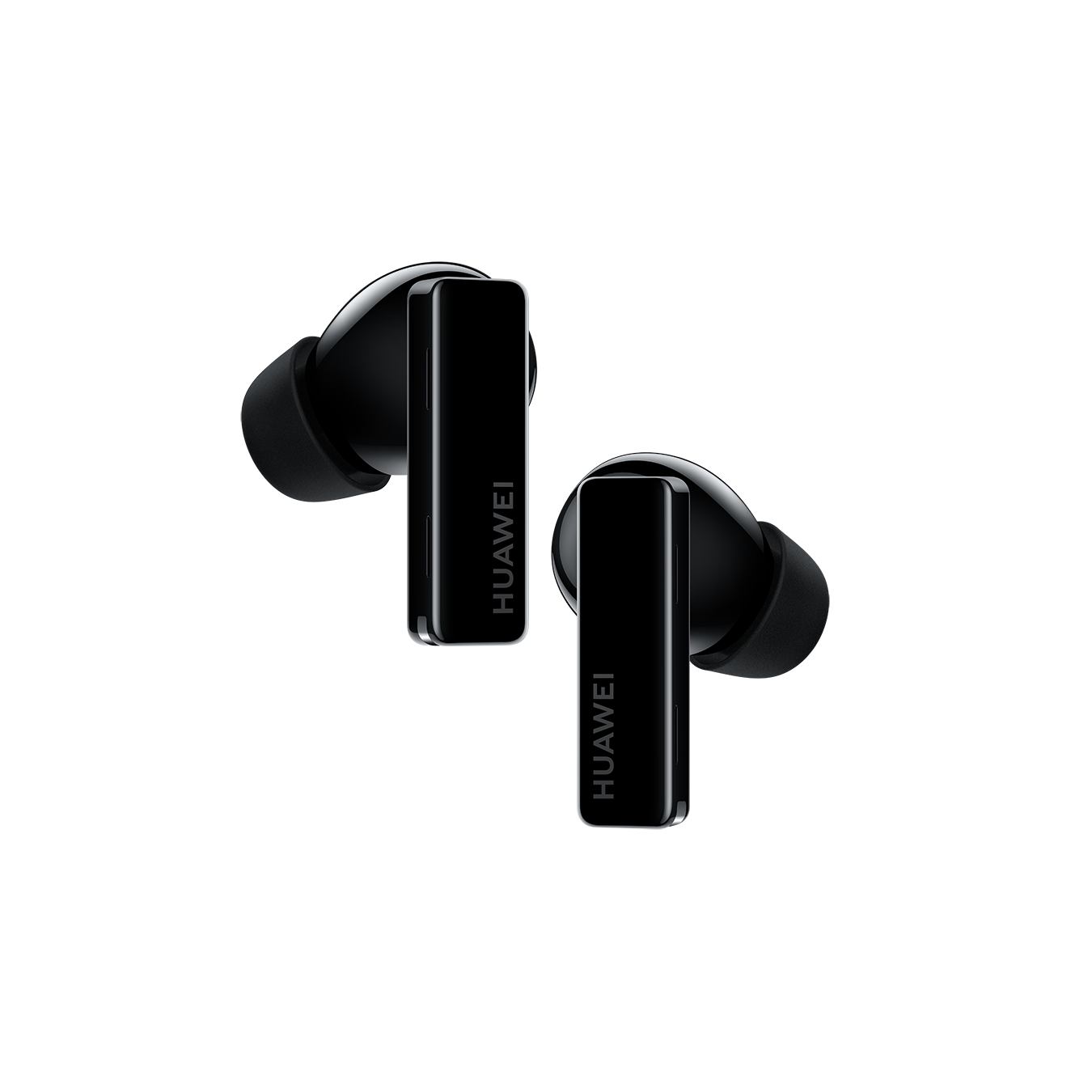 Dos auriculares inalámbricos negros sobre fondo negro, con el logo de Huawei.