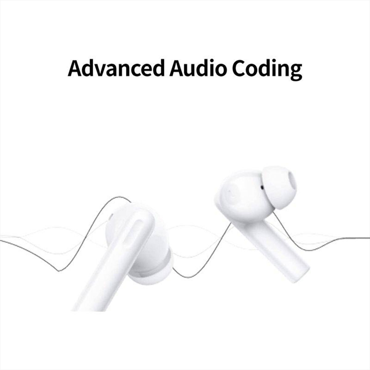Due auricolari bianchi con la scritta "Advanced Audio Coding" su sfondo bianco.