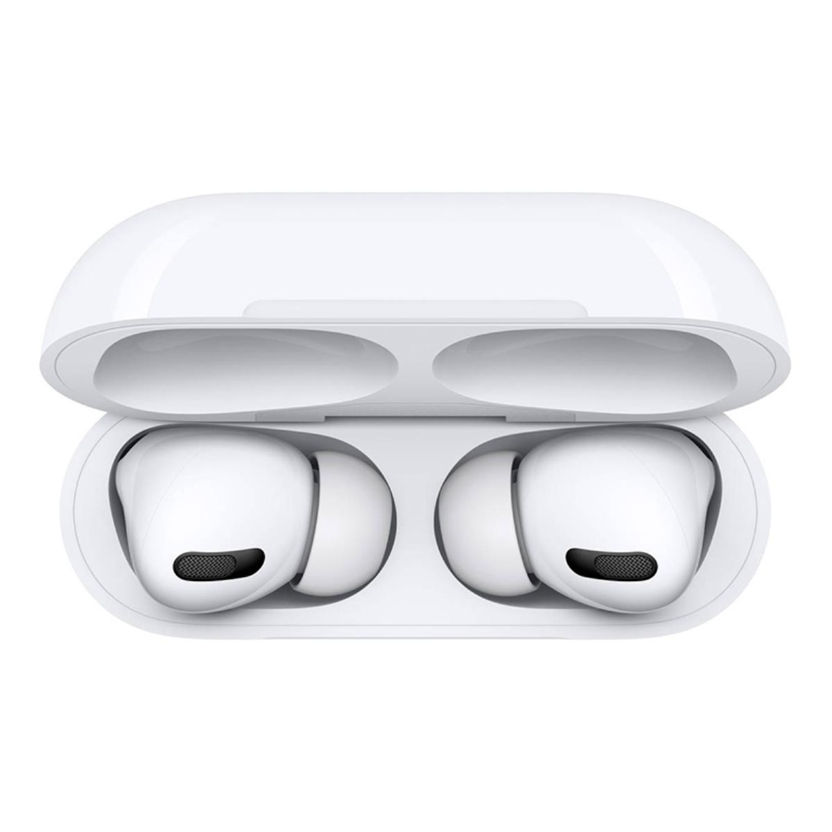 Witte AirPods Pro in een open etui. Twee oortelefoons zitten in de case, zwart gaas zichtbaar.