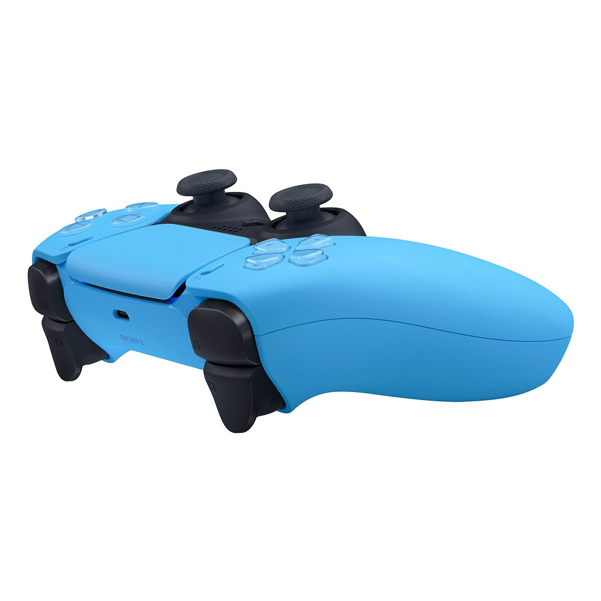 Blauer PS5-Controller mit schwarzen Joysticks und Knöpfen, isoliert auf weißem Hintergrund.