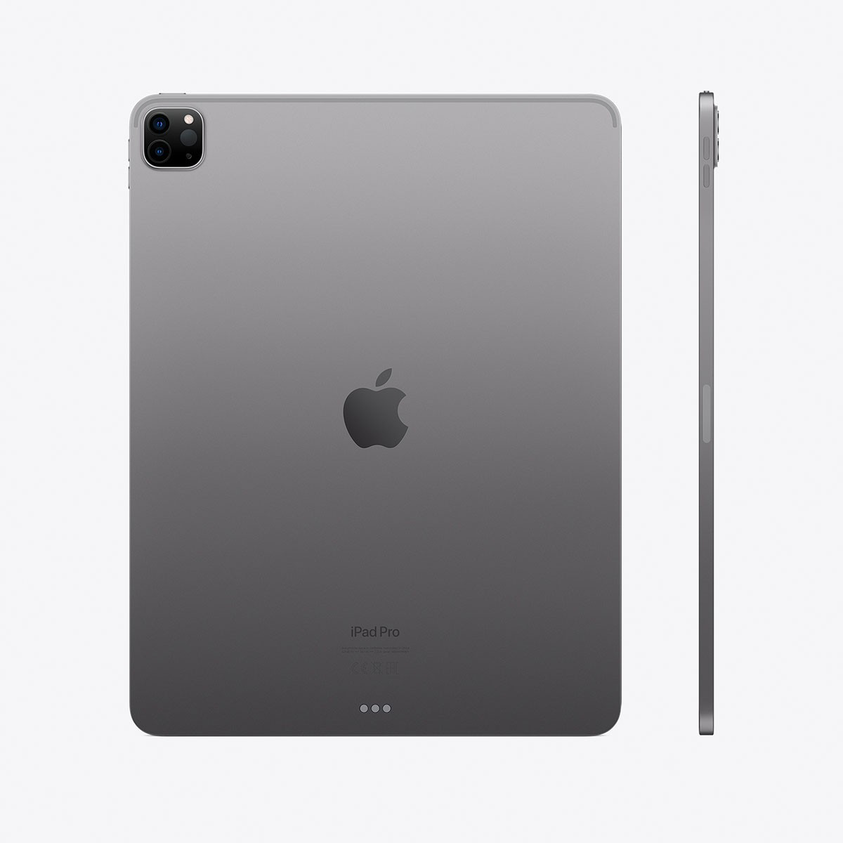 Tableta gris oscuro con el logo de Apple. Vista lateral muestra su perfil delgado.