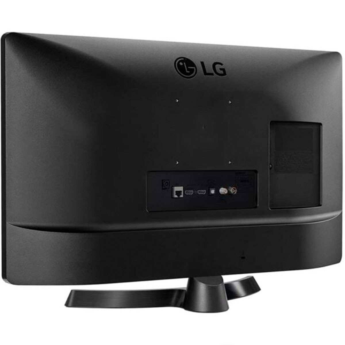 Vista posteriore della TV LG nera con porte e un supporto.