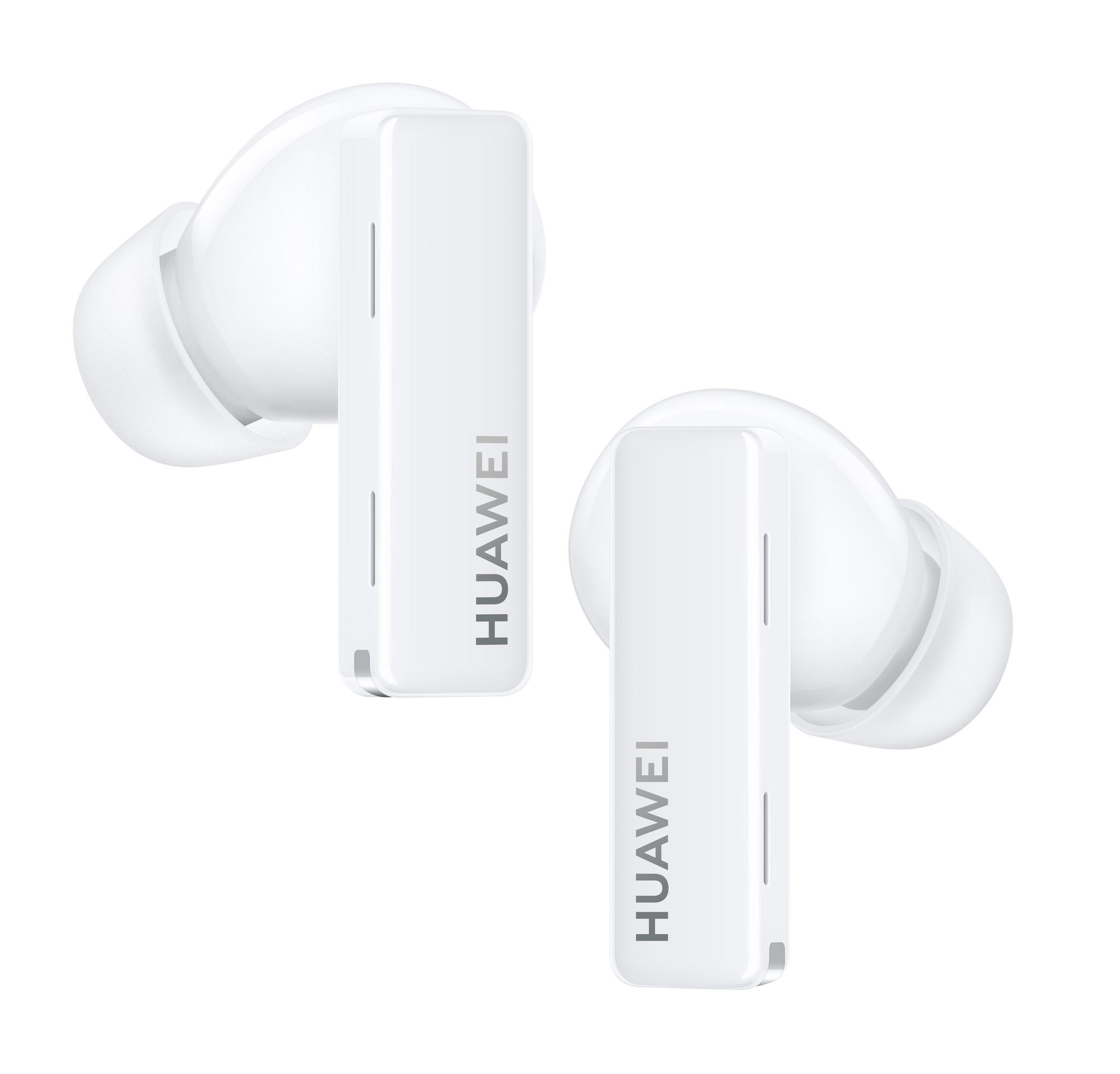 Dwa białe słuchawki Huawei, pokazujące zewnętrzną część. Mają logo Huawei.