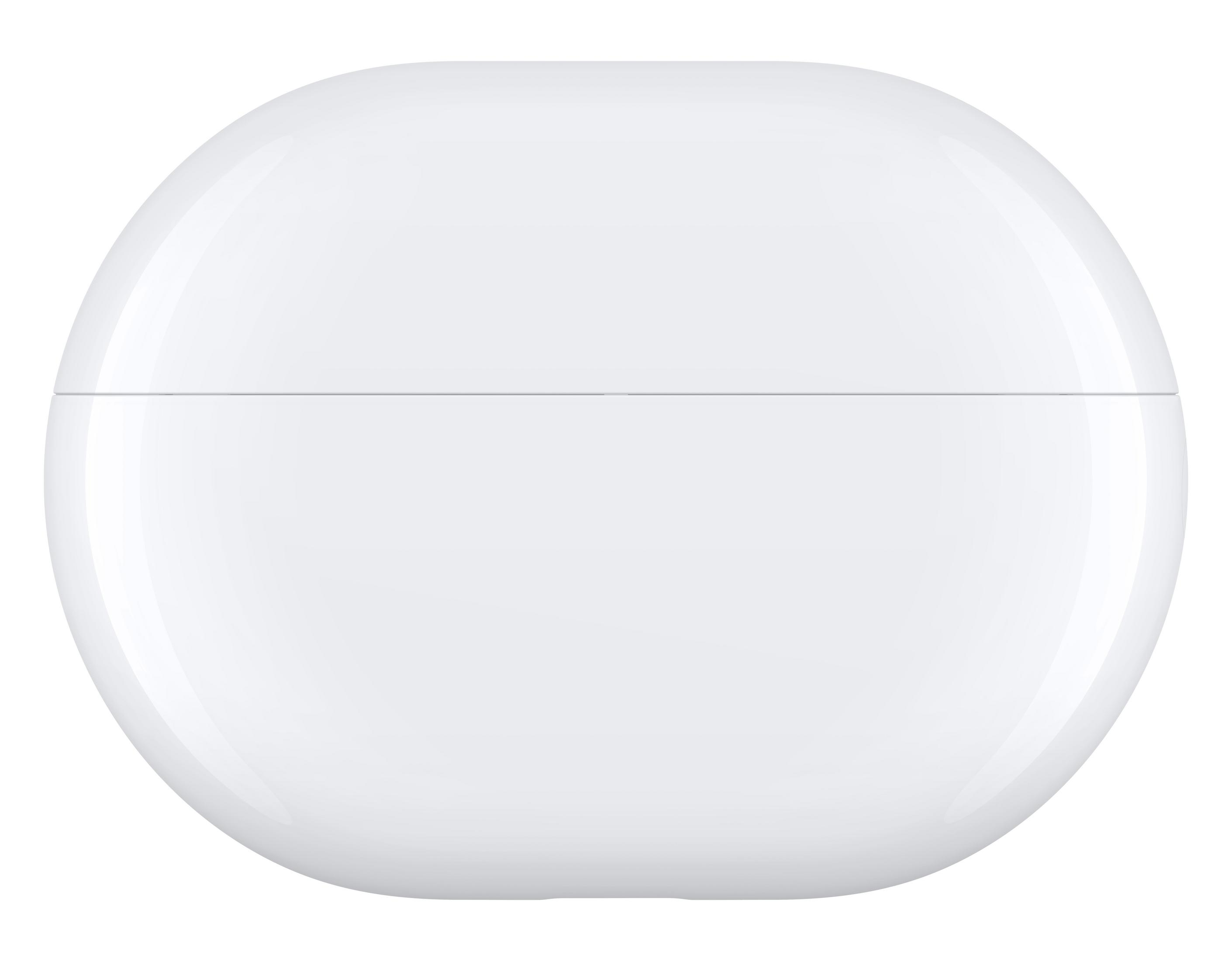 Białe, owalne etui ładujące do słuchawek, z gładkim, błyszczącym wykończeniem.