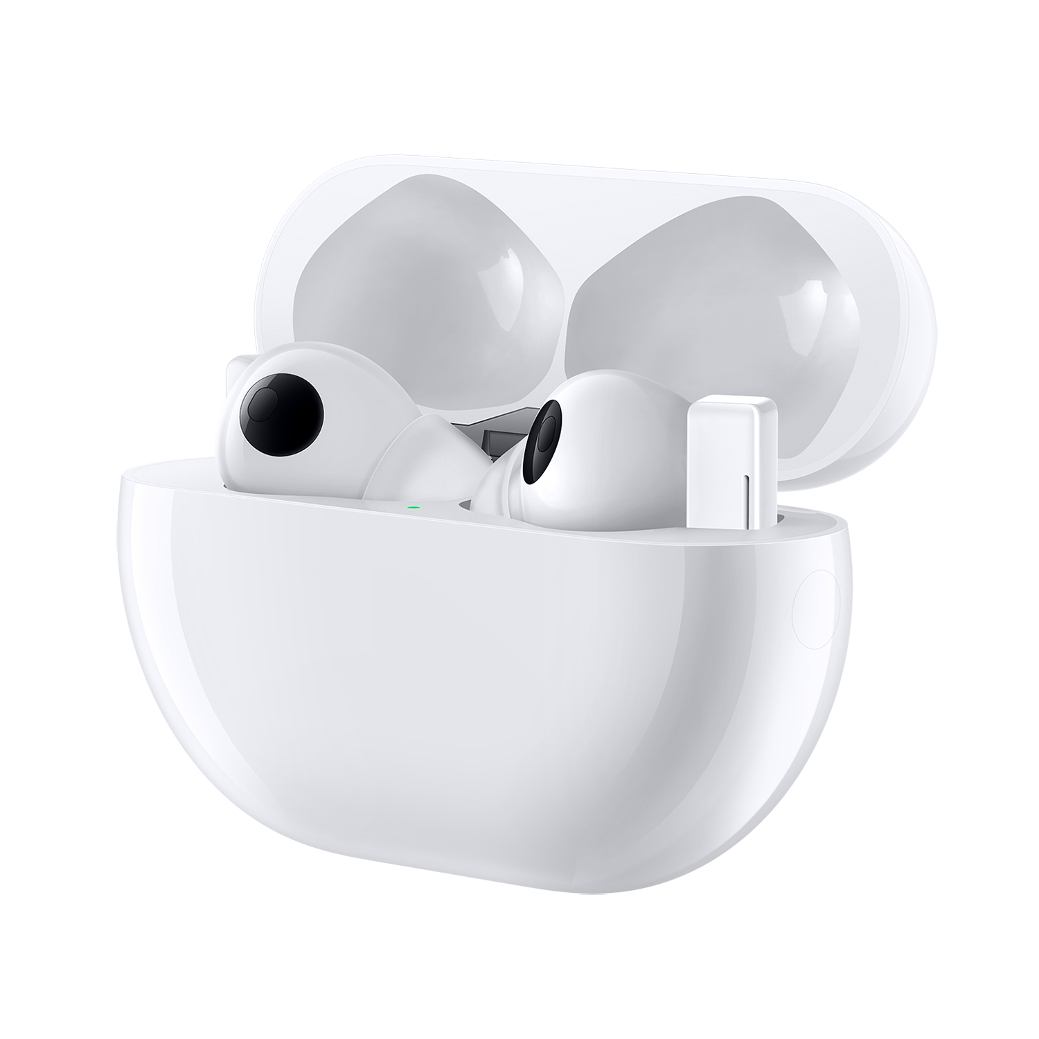 Białe słuchawki w otwartym etui ładującym. Czarne tło. Słuchawki są małe i bezprzewodowe.