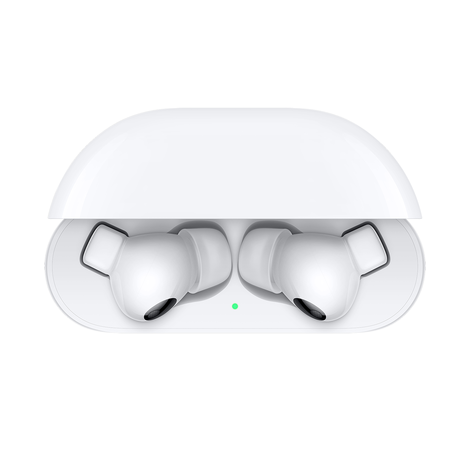 Białe etui na słuchawki, otwarte, z dwoma słuchawkami w środku.