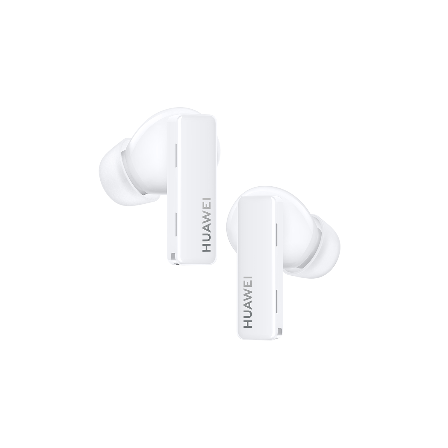 Białe bezprzewodowe słuchawki na czarnym tle.