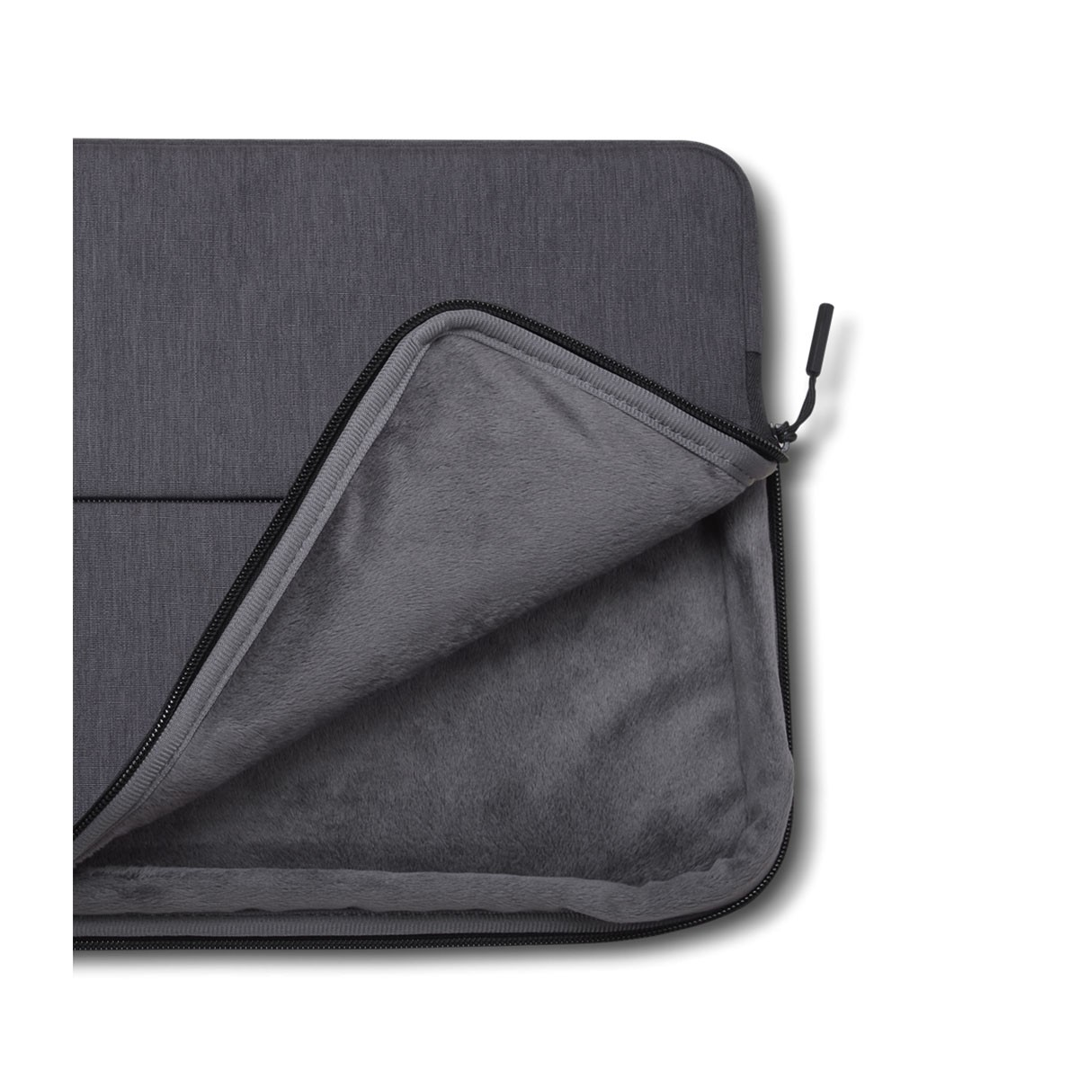 Graue Laptoptasche mit teilweise geöffnetem Reißverschluss, weichem Innenfutter.