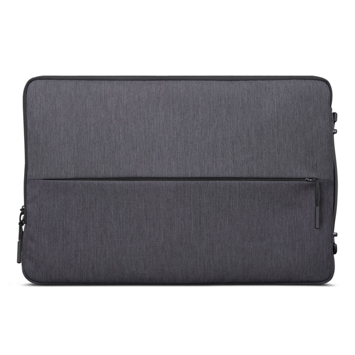 Eine graue Laptoptasche mit einer Reißverschlusstasche und einem schwarzen Reißverschluss. Der Hintergrund ist weiß.