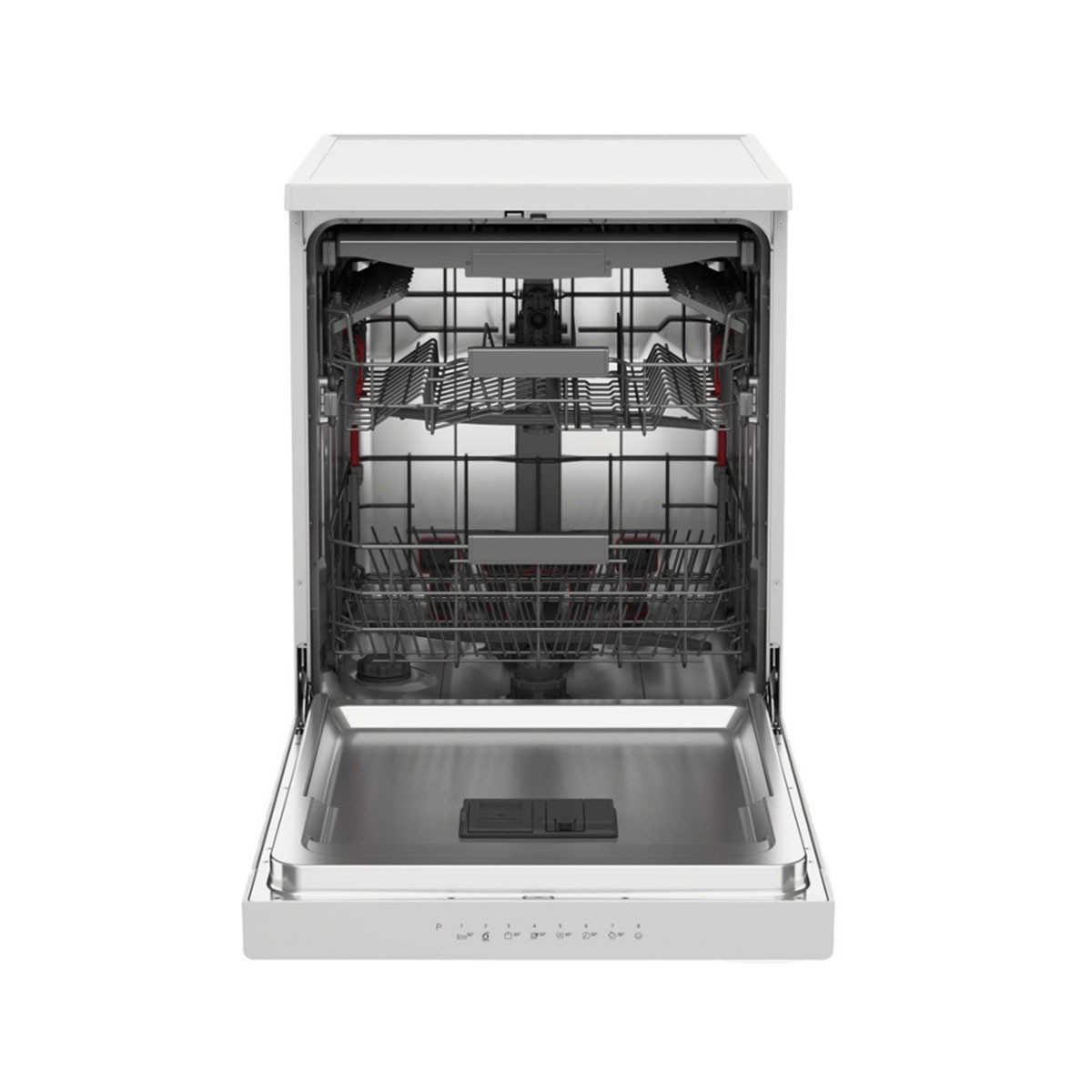 Biała zmywarka z otwartymi drzwiami. W środku znajdują się kosze. Panel sterowania z przyciskami znajduje się na dole.