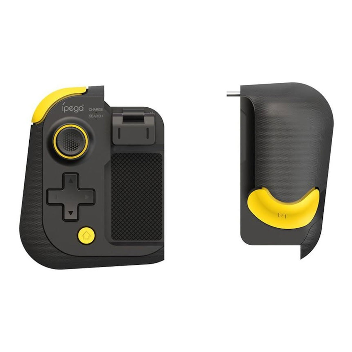 Ein schwarz-gelber Gamepad-Controller mit abnehmbarem Telefonhalter.