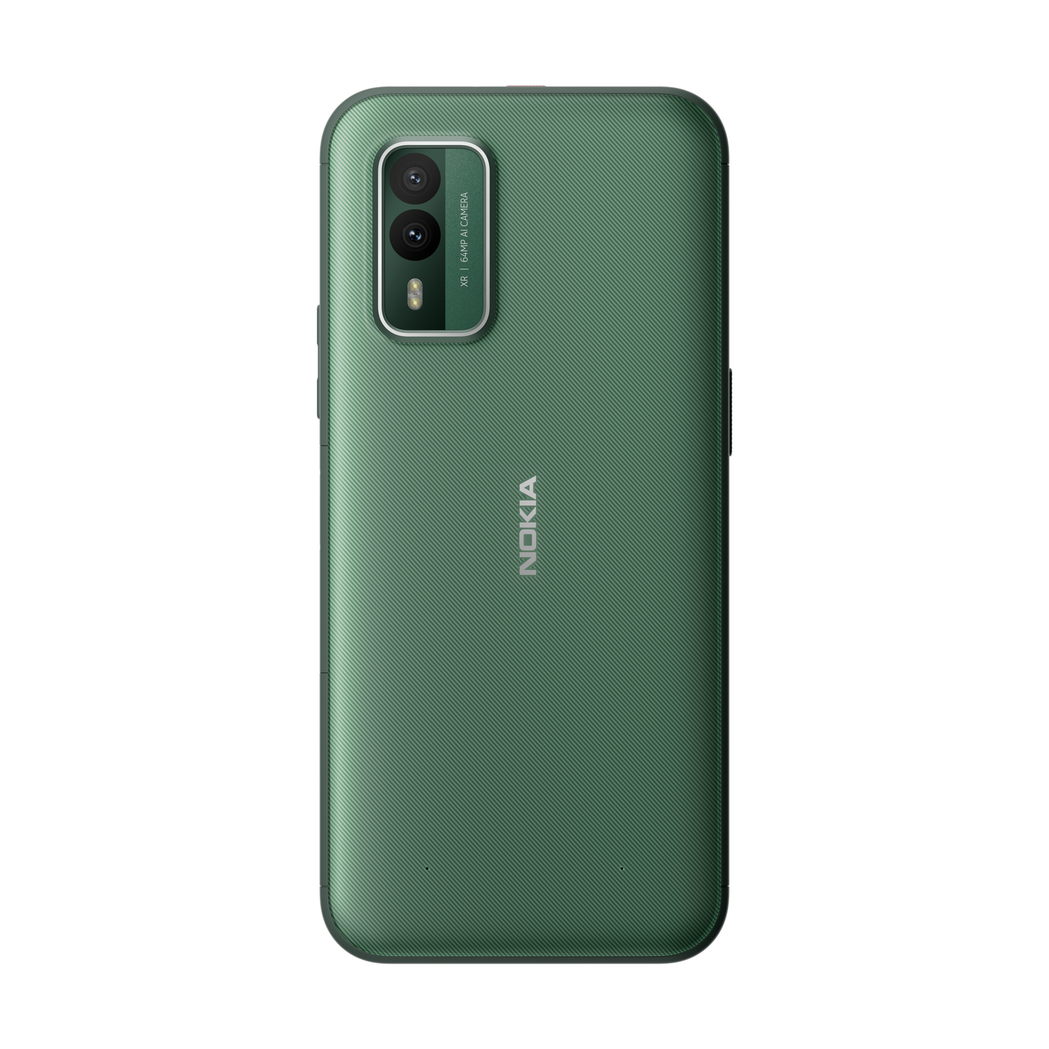 Vista trasera del teléfono Nokia verde. Contiene cámara y el logo Nokia.