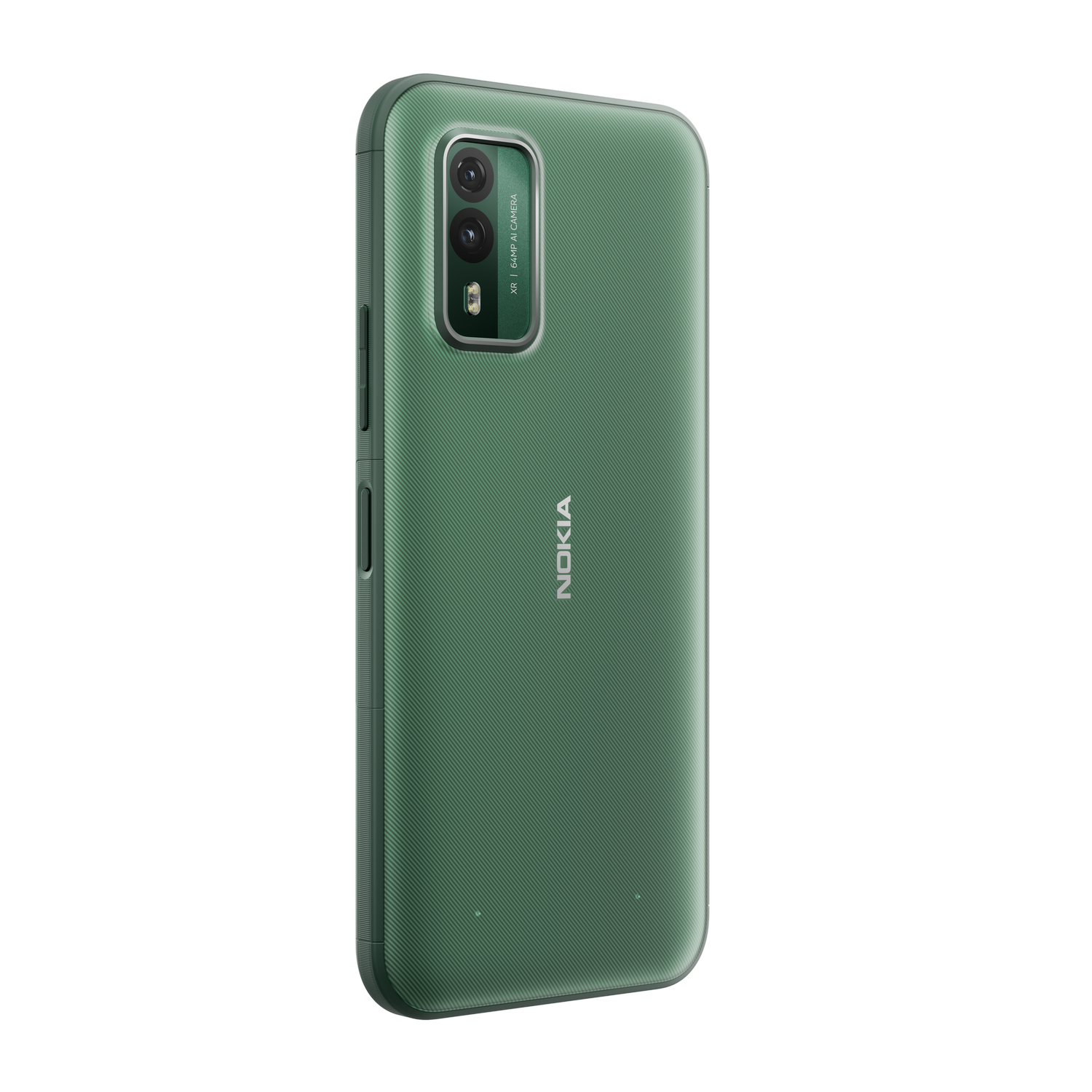 Teléfono Nokia verde con parte trasera texturizada y cámara de doble lente.