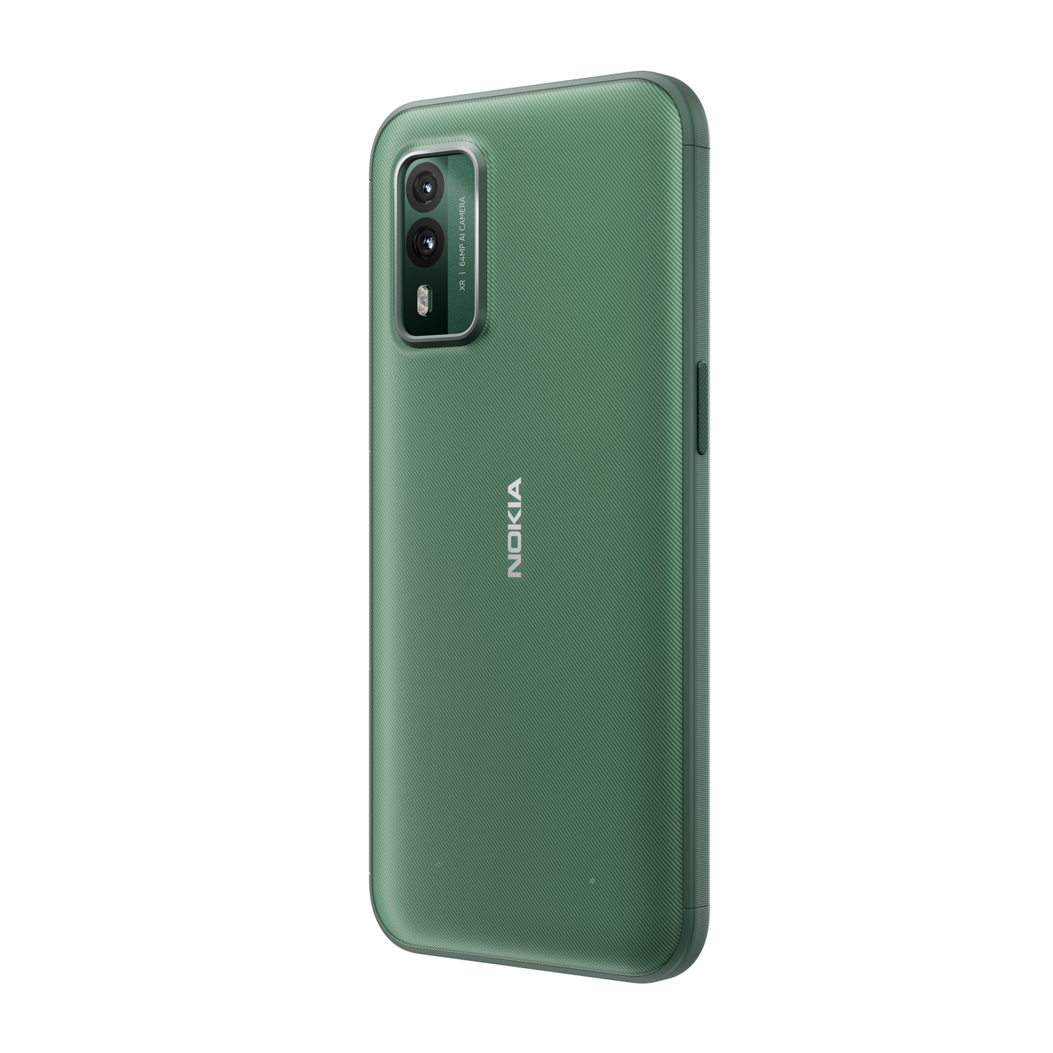 Teléfono Nokia verde, visto desde atrás, mostrando la cámara, la lente y el logotipo de Nokia.