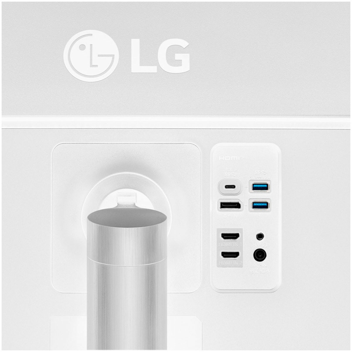 Zbliżenie na porty i złącza białego monitora LG, w tym USB i HDMI.