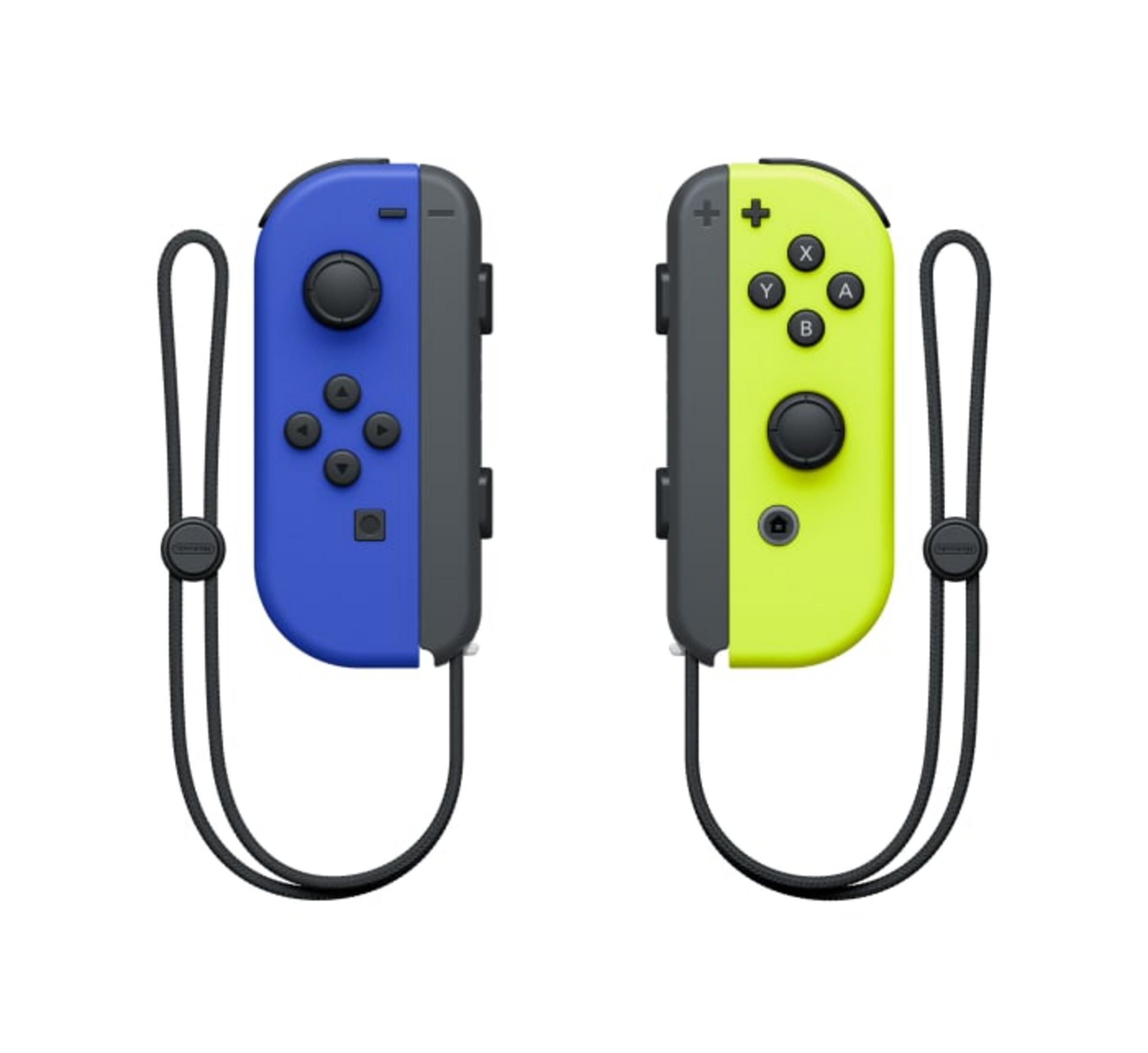 Two Nintendo Switch joy-cons: blue left, neon yellow right, with straps.