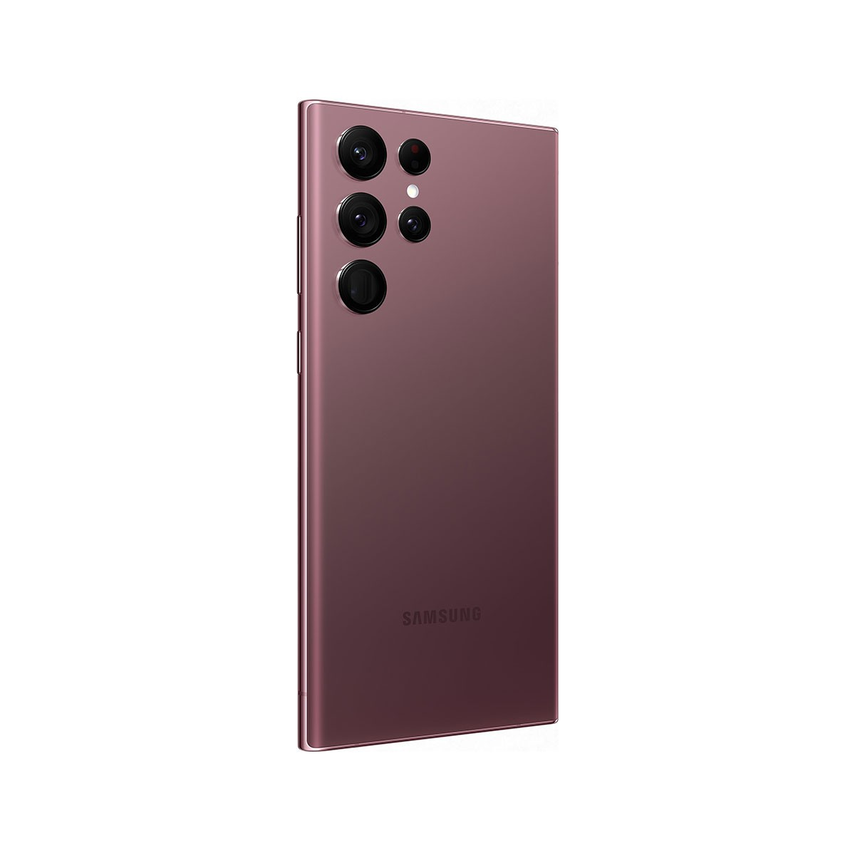 Lila Telefon, Rückansicht. Kamera-Erhebung mit mehreren Linsen. SAMSUNG-Branding.