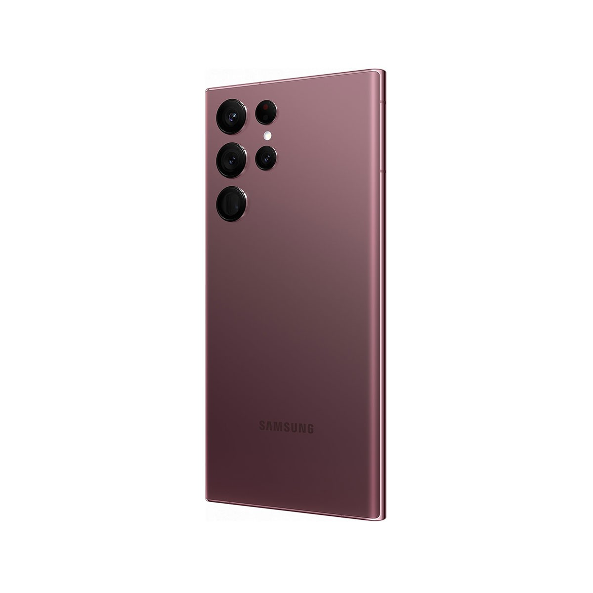 Ein lila Smartphone mit mehreren Kameras. Das Telefon ist abgewinkelt, die Rückseite mit Samsung-Logo.
