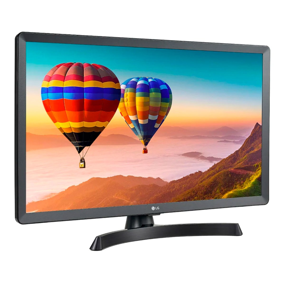 Una piccola TV con una scena di mongolfiere colorate sullo schermo, cornice e supporto neri.