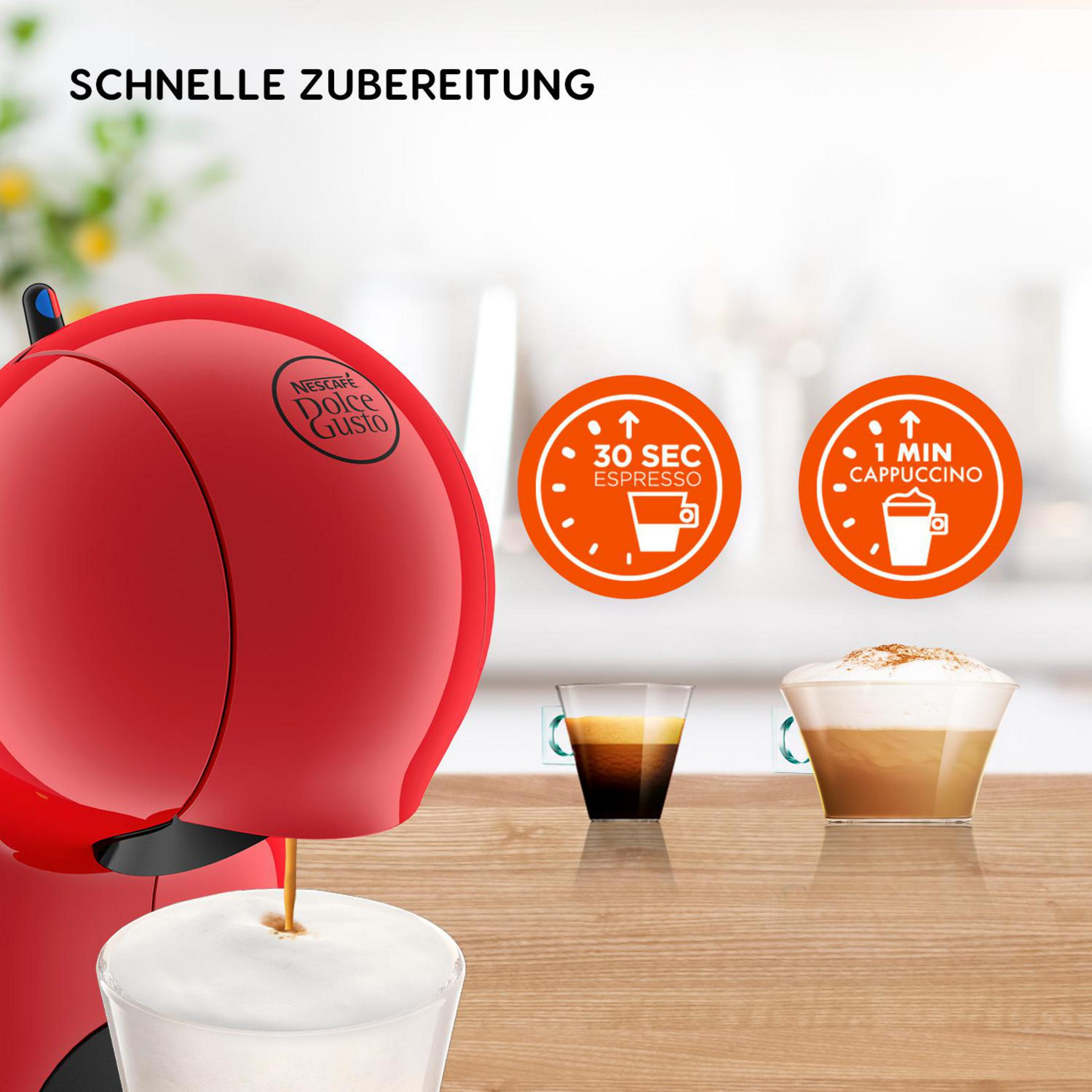 Czerwony ekspres do kawy z napełniającym się kubkiem. Ikony pokazują 30-sekundowe espresso i 1-minutowe cappuccino.