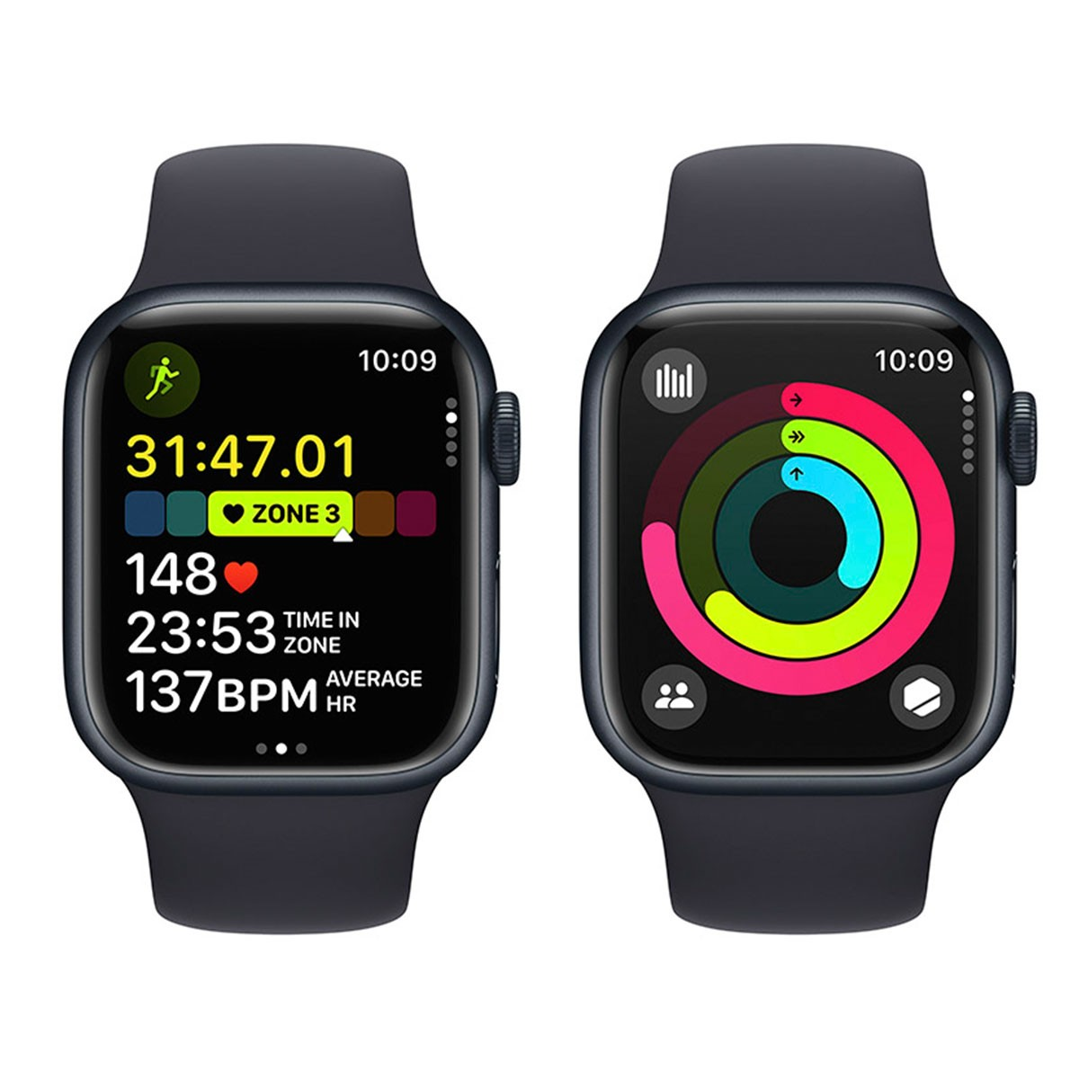 Dos smartwatches con pantallas de datos de actividad. Uno muestra estadísticas de carrera, el otro anillos.