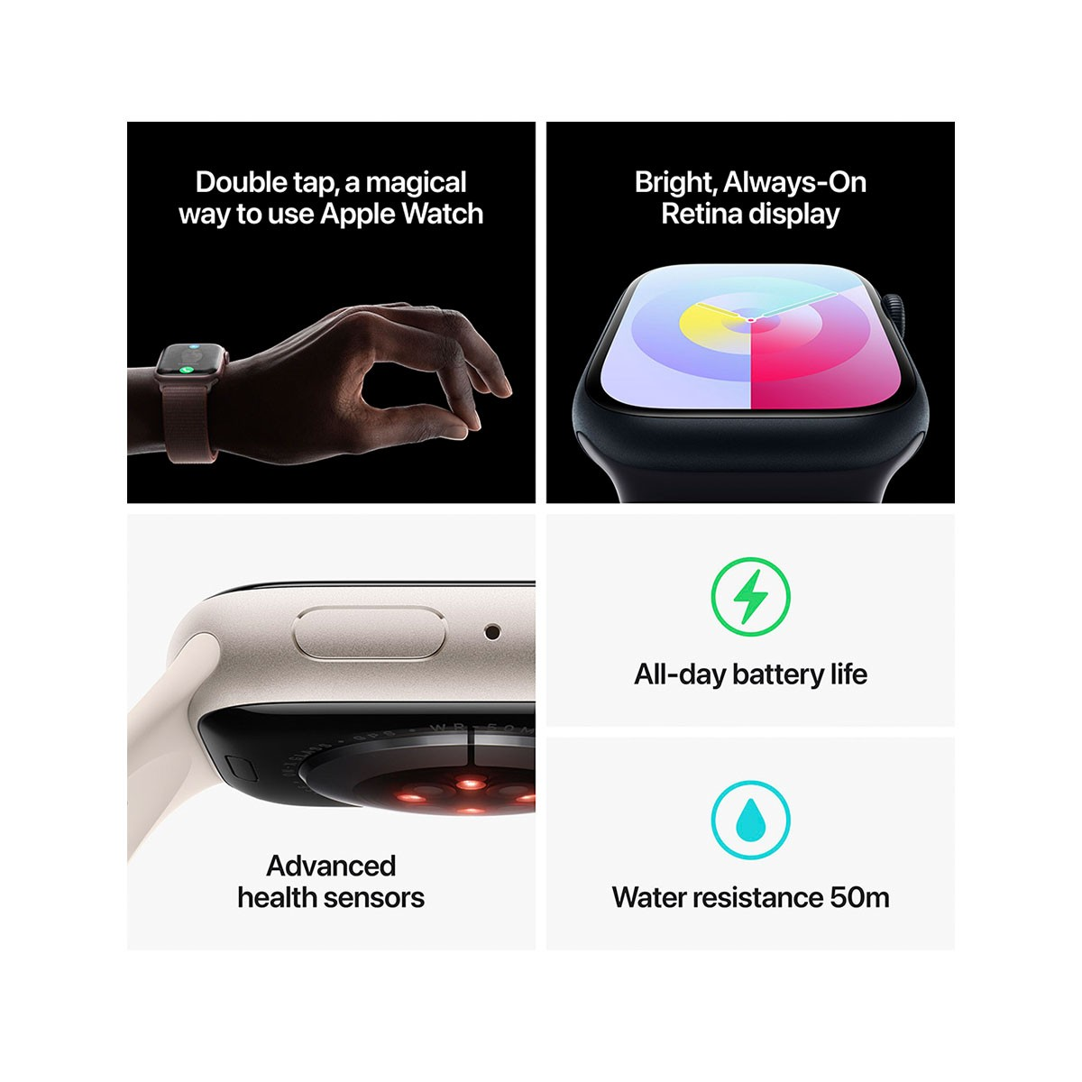 Características del Apple Watch: doble toque, pantalla Retina, sensores de salud, batería y resistencia al agua.