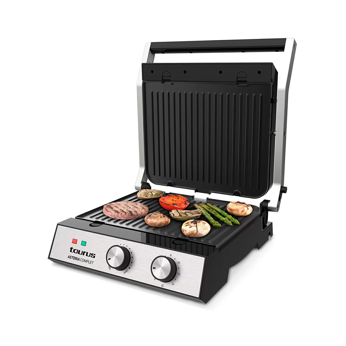 Parrilla eléctrica abierta con comida. Incluye marcas de parrilla. Diseño plateado y negro.