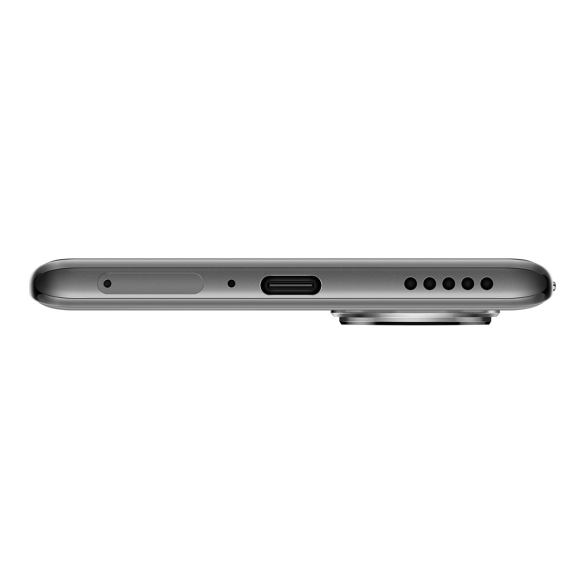 Die Unterkante eines grauen Smartphones mit USB-C-Anschluss und Lautsprecherlöchern.