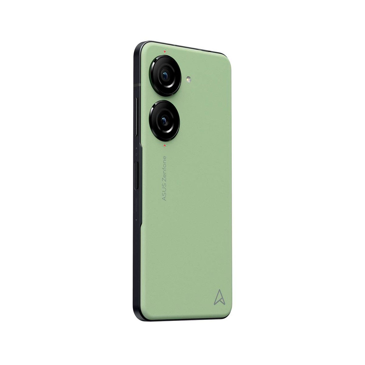 Grünes Telefon mit zwei Kameras, schwarzem Rahmen und ASUS Zenfone Logo. Schräge Ansicht.