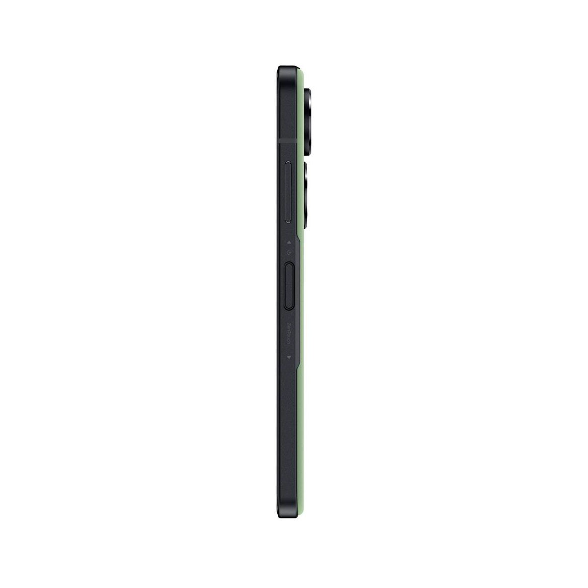 Seitenansicht eines grünen und schwarzen Smartphones, Tasten sichtbar.