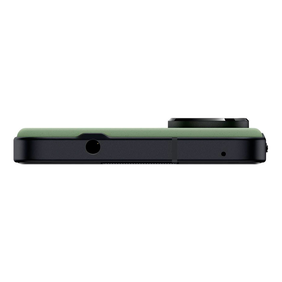Seitenansicht eines grünen und schwarzen Smartphones mit Kamera und Kopfhöreranschluss.